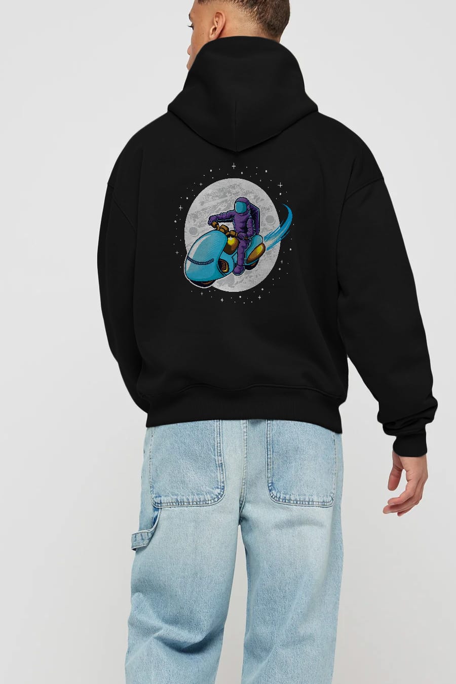 Astrorider in Space Arka Baskılı Hoodie Oversize Kapüşonlu Sweatshirt Erkek Kadın Unisex