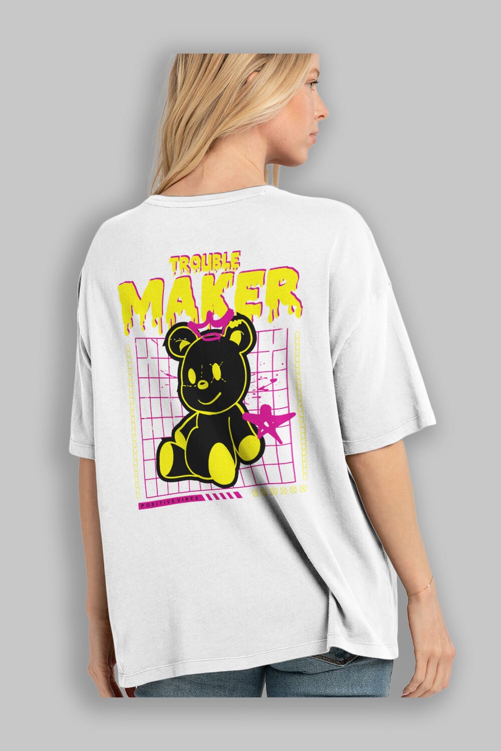 Teddy Bear Trouble Maker Arka Baskılı Oversize t-shirt Erkek Kadın Unisex