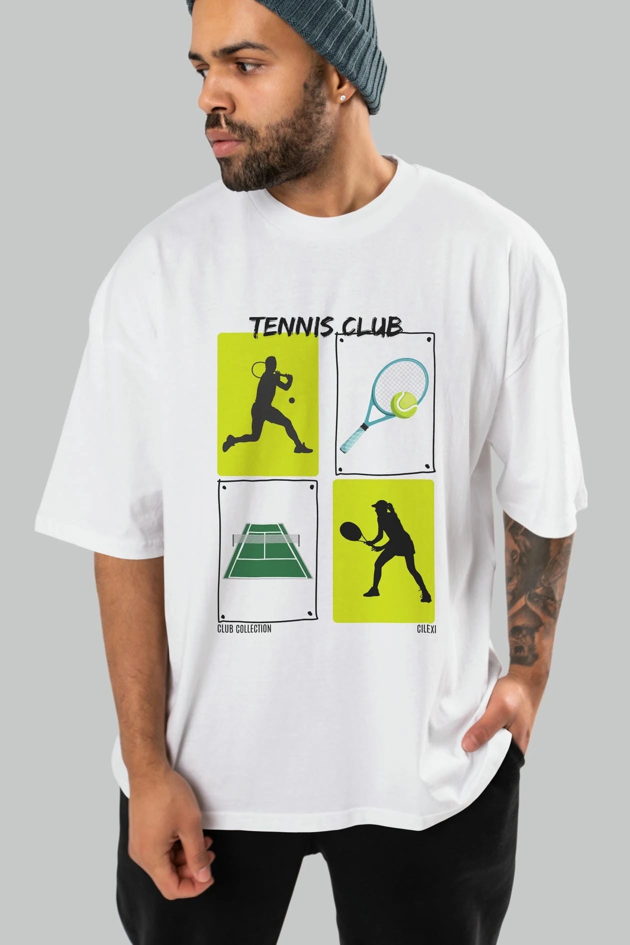Tennis Club ön Baskılı Oversize t-shirt Erkek Kadın %100 Pamuk Bisiklet Yaka tişort