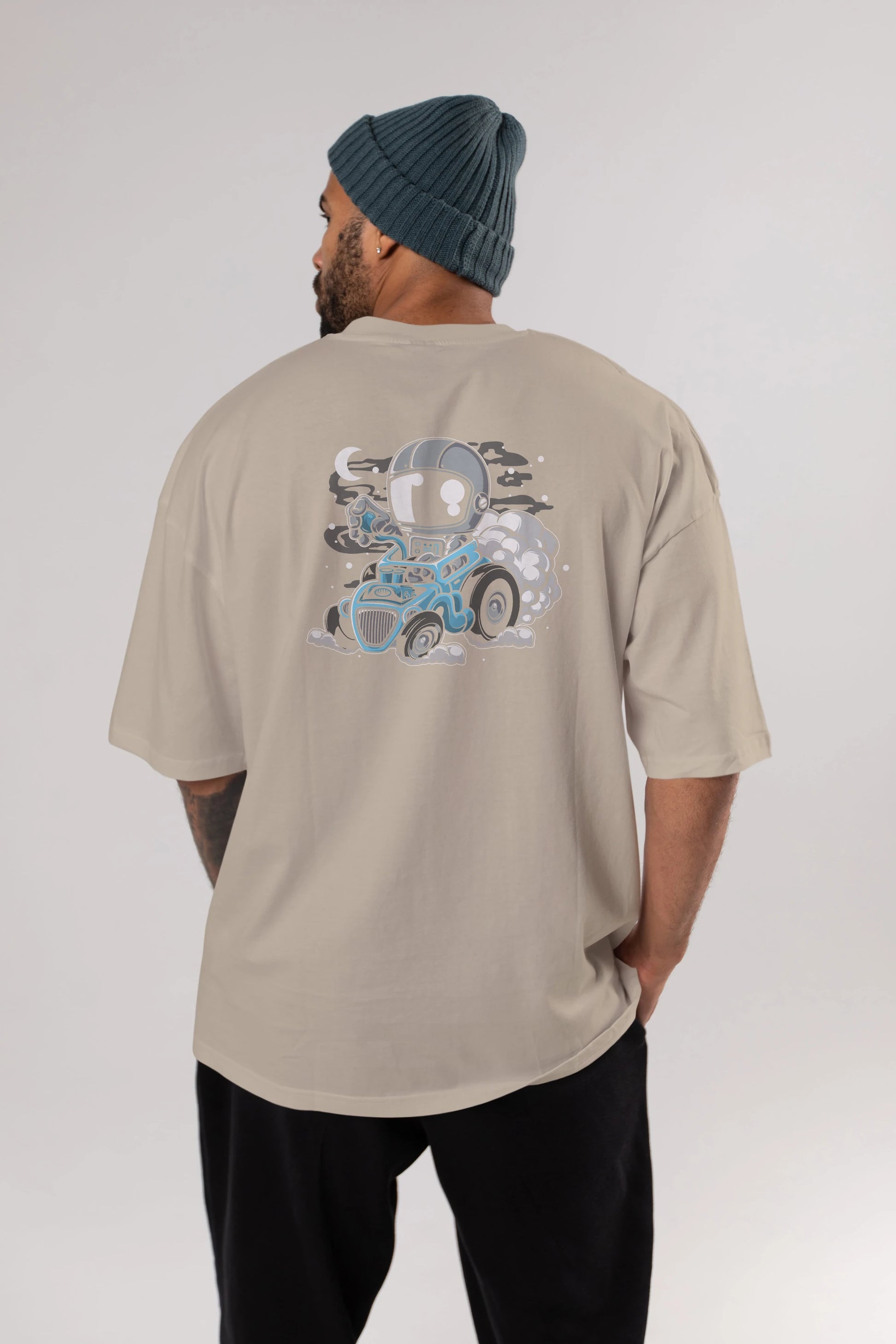 Astronaut Hotrod Arka Baskılı Oversize t-shirt Erkek Kadın Unisex