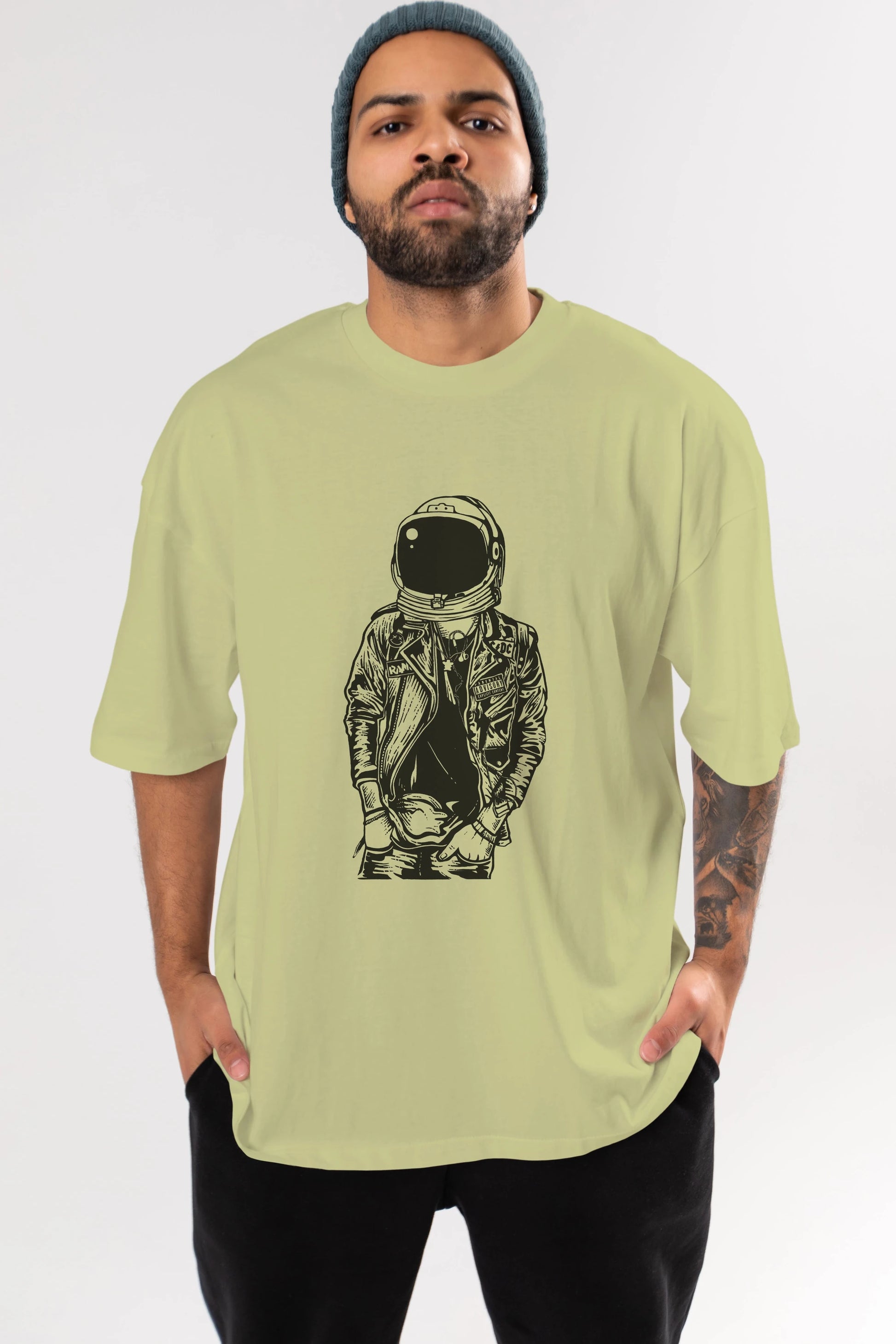 Astronaut Punkster Ön Baskılı Oversize t-shirt Erkek Kadın Unisex %100 Pamuk tişort