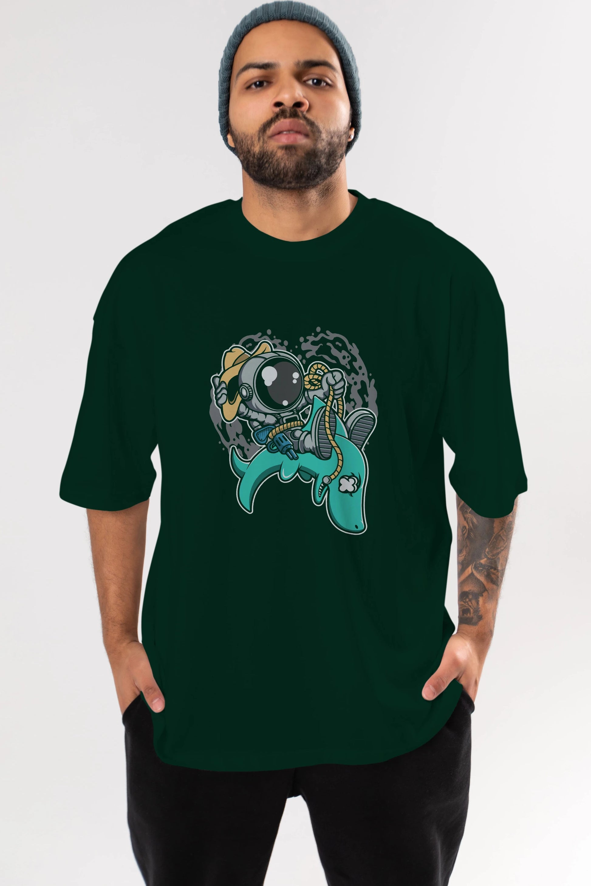 Astronaut Riding Shark Ön Baskılı Oversize t-shirt Erkek Kadın Unisex