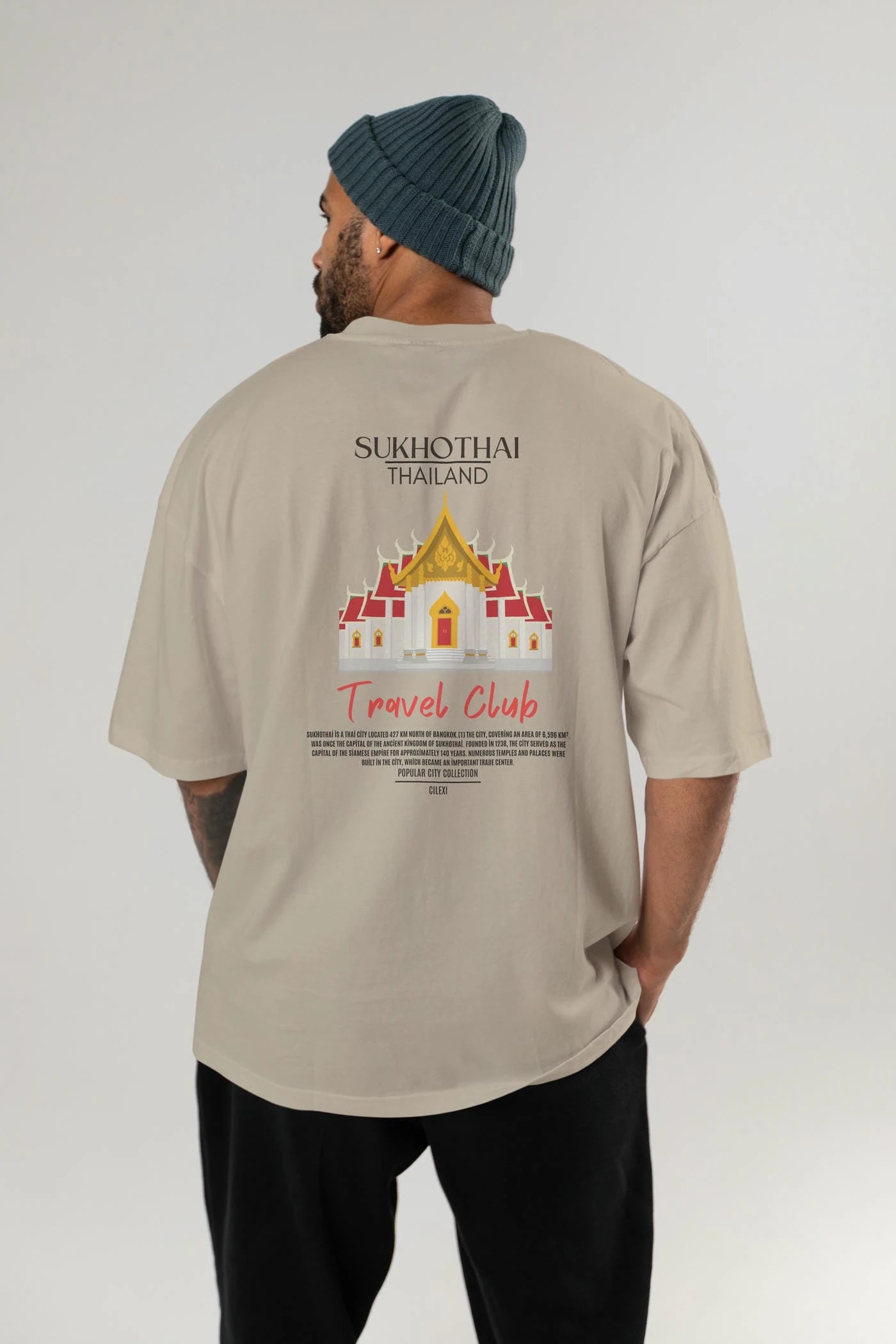Sukhothai Thailand Arka Baskılı Oversize t-shirt Erkek Kadın Pamuk Bisiklet Yaka tişort