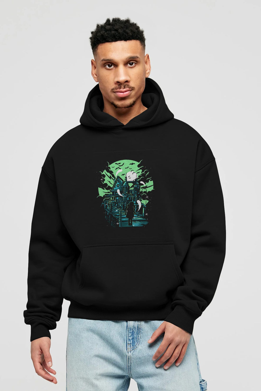 Haunted House Ön Baskılı Hoodie Oversize Kapüşonlu Sweatshirt Erkek Kadın Unisex