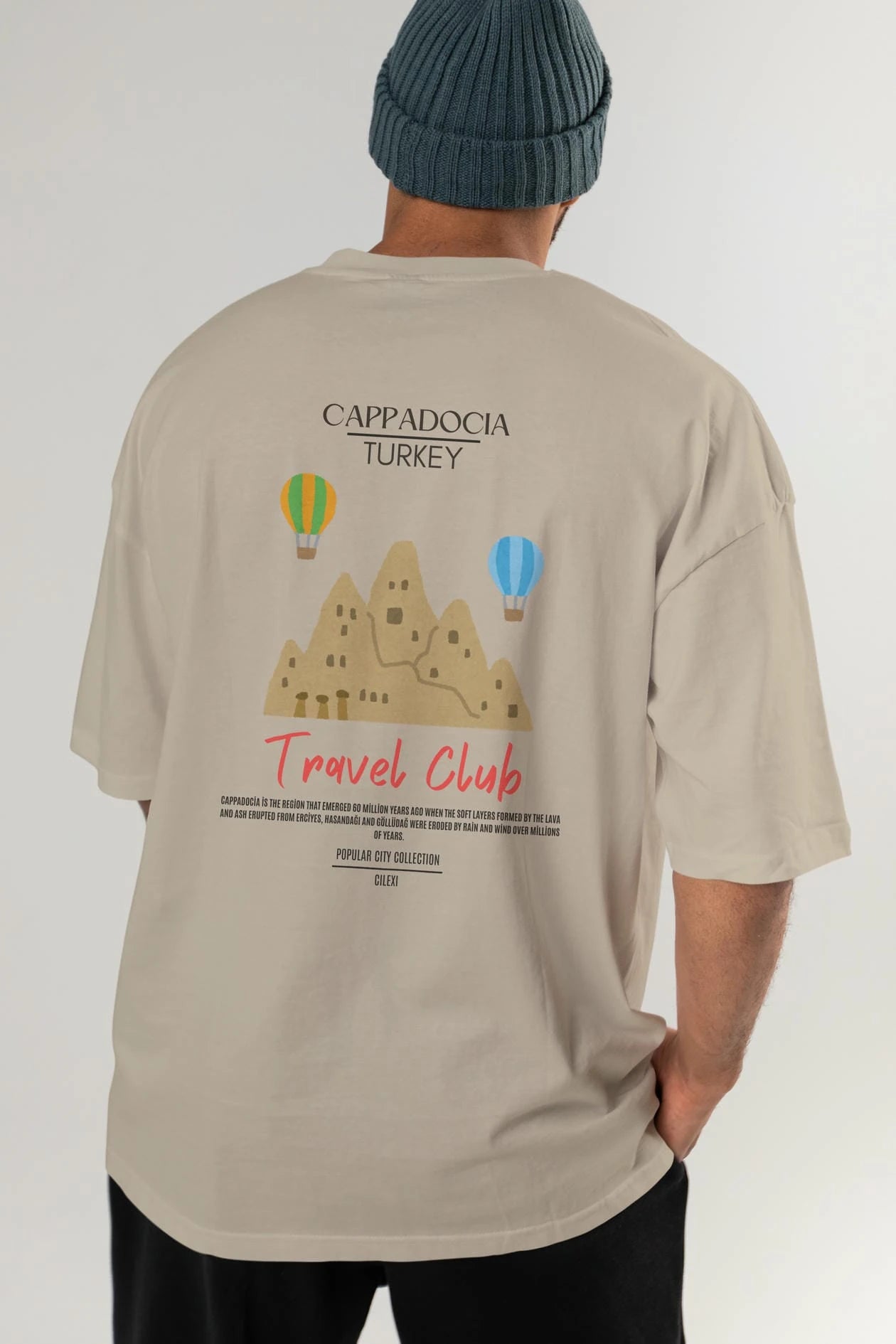 Cappadocia Turkey Arka Baskılı Oversize t-shirt Erkek Kadın Pamuk Bisiklet Yaka tişort
