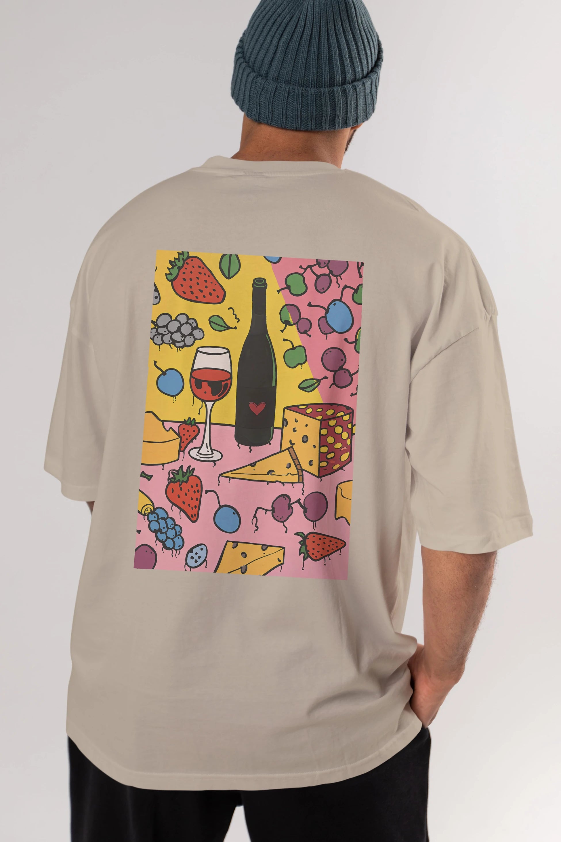 Wine Cheese Fruits Arka Baskılı Oversize t-shirt Erkek Kadın Unisex %100 Pamuk Bisiklet Yaka tişort
