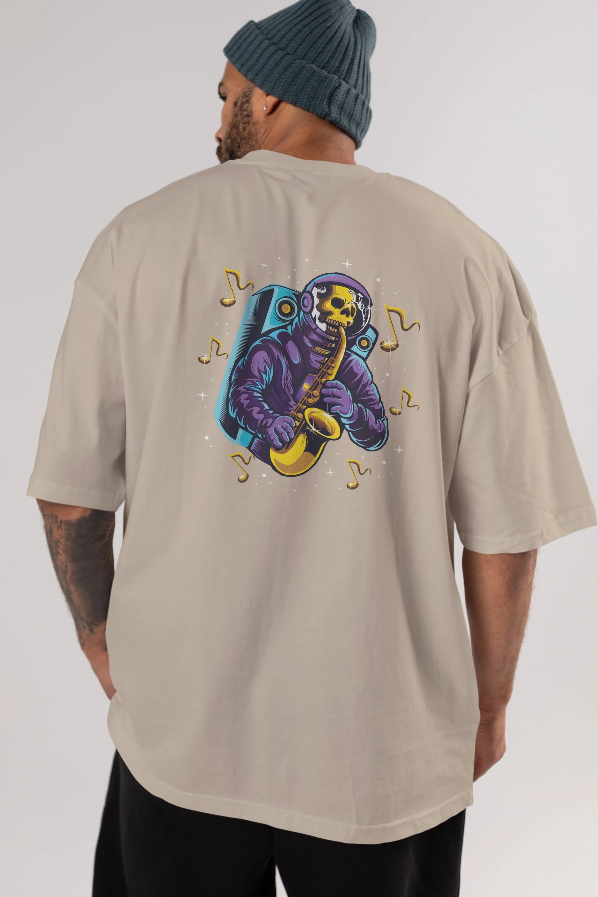 Astroskull Saxophonist Arka Baskılı Oversize t-shirt Erkek Kadın Unisex