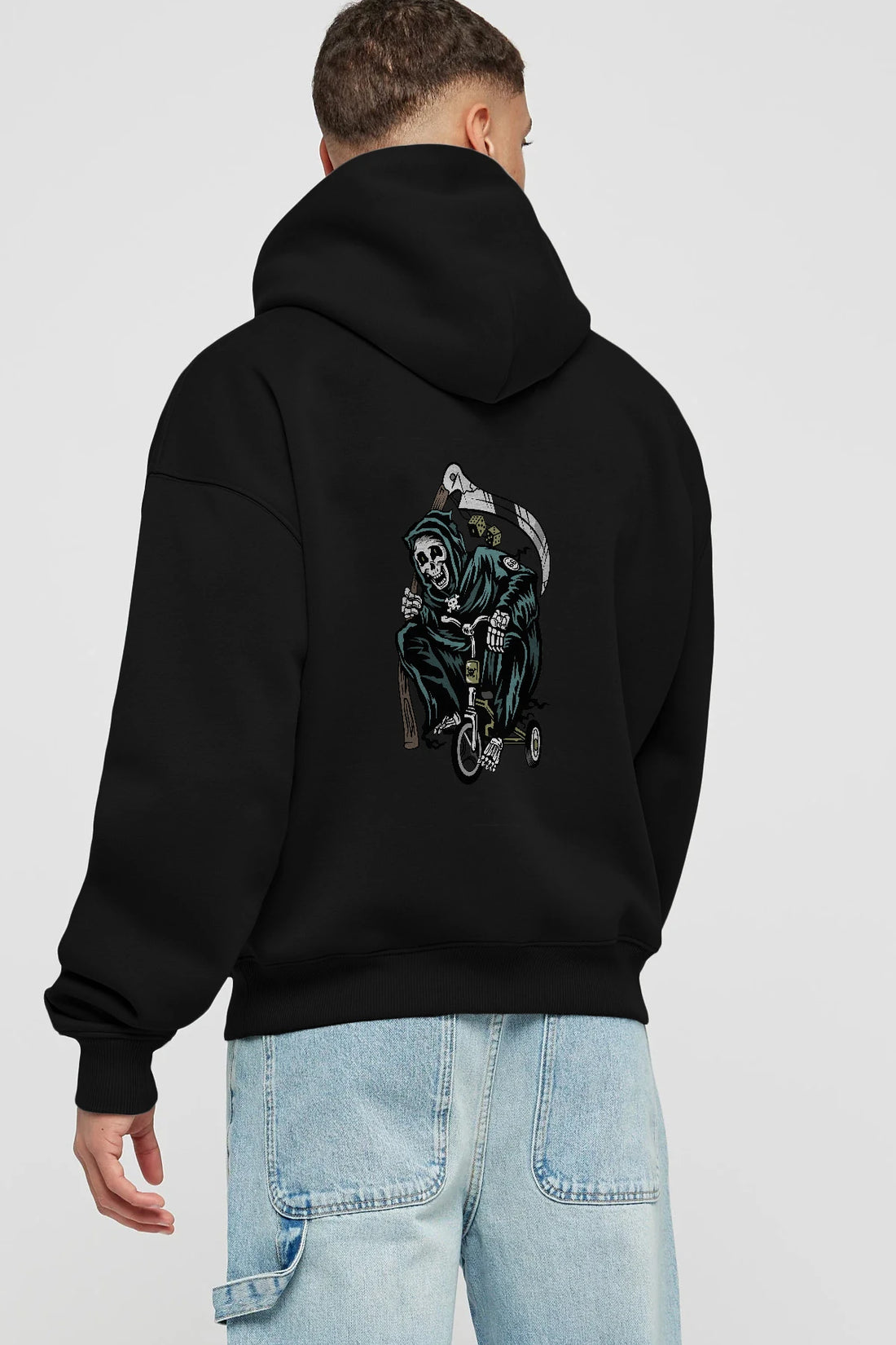 Grim Reaper Bicycle Arka Baskılı Hoodie Oversize Kapüşonlu Sweatshirt Erkek Kadın Unisex