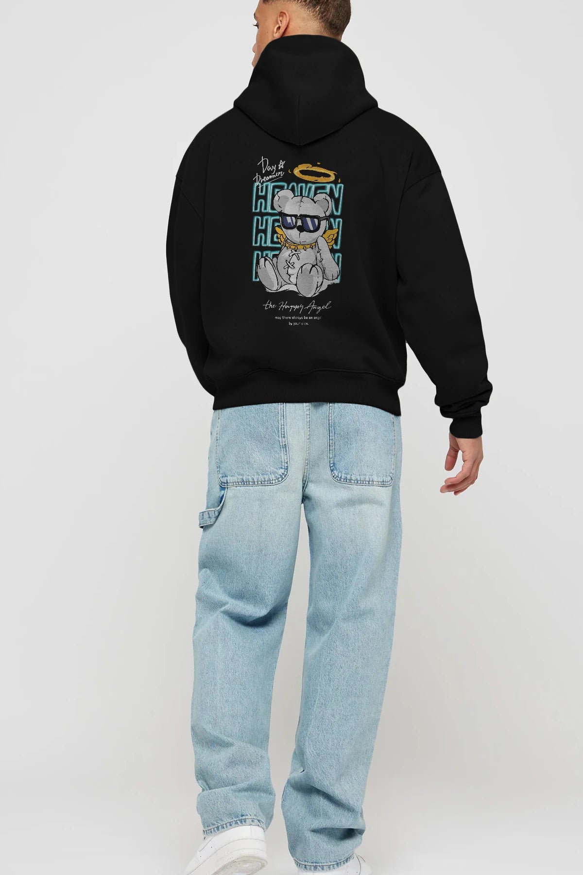 Heaven Bear Arka Baskılı Hoodie Oversize Kapüşonlu Sweatshirt Erkek Kadın Unisex