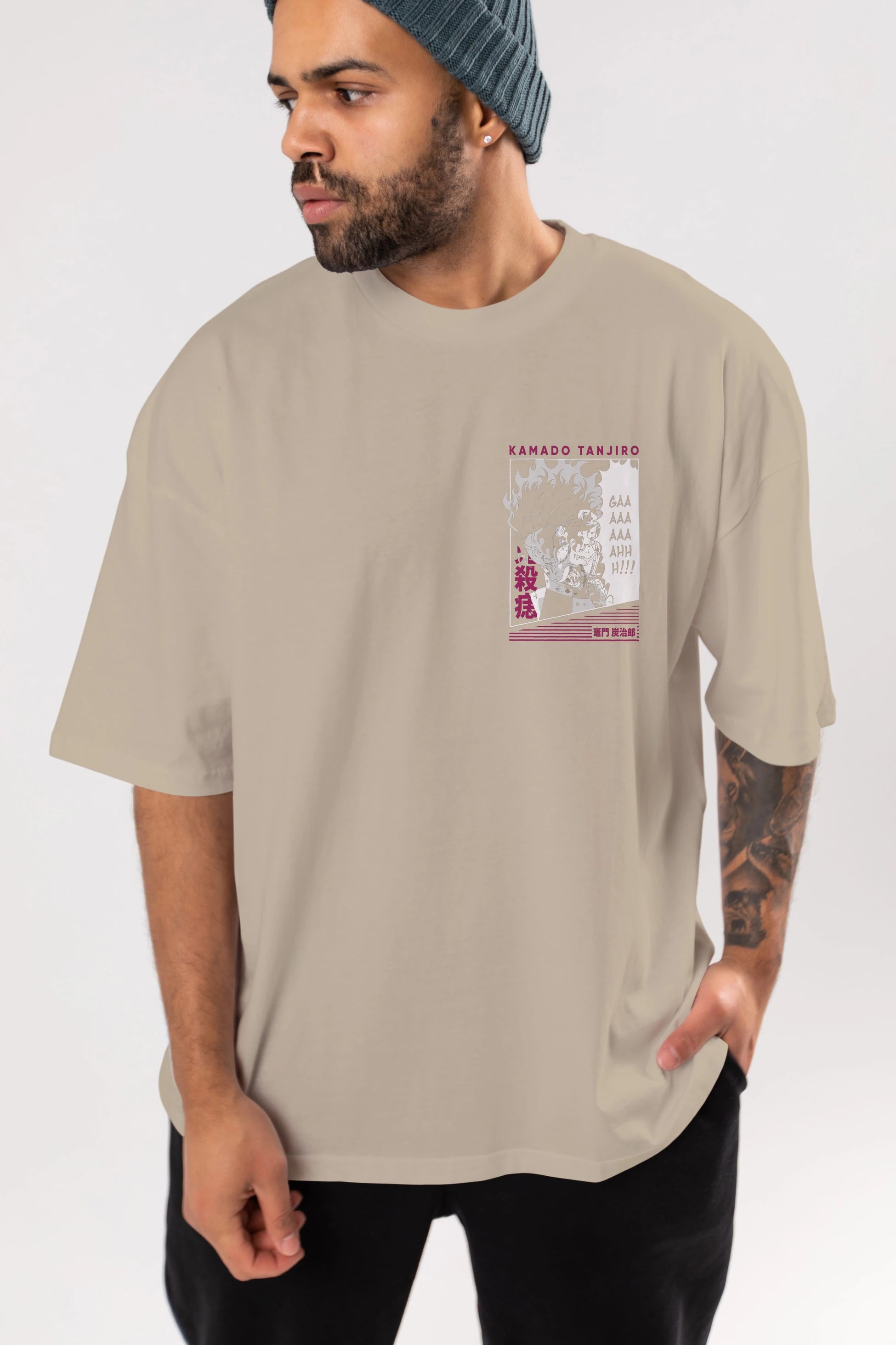 TANJIRO KAMADO 3 Ön Sol Baskılı Oversize t-shirt Erkek Kadın Unisex %100 Pamuk Bisiklet Yaka tişort