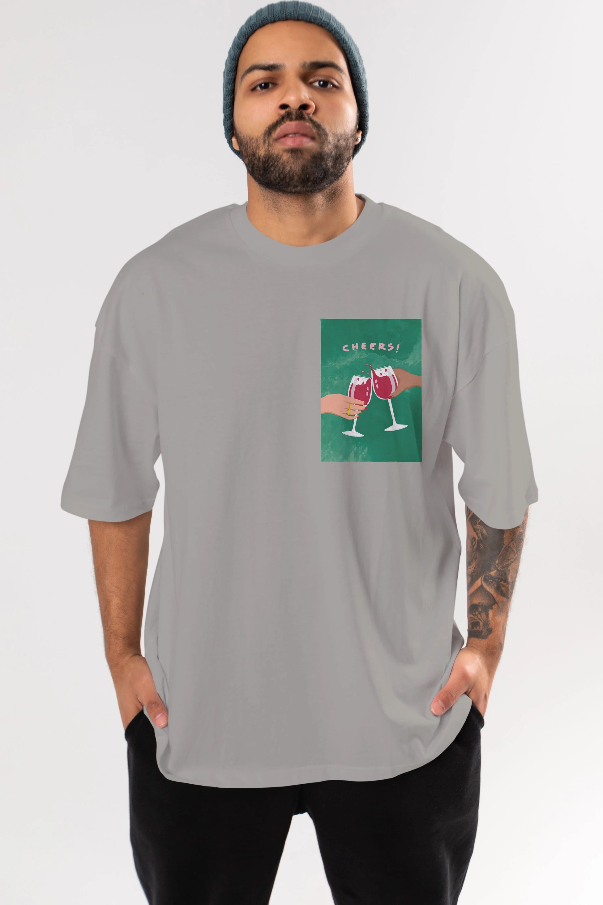 Cheers Ön Sol Baskılı Oversize t-shirt Erkek Kadın Unisex %100 Pamuk Bisiklet Yaka tişort