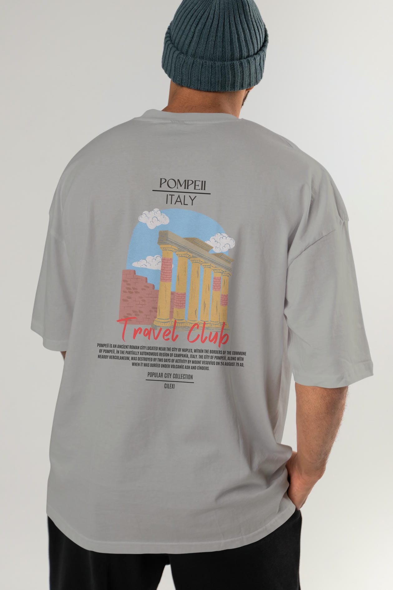 Pompeii İtaly Arka Baskılı Oversize t-shirt Erkek Kadın Pamuk Bisiklet Yaka tişort