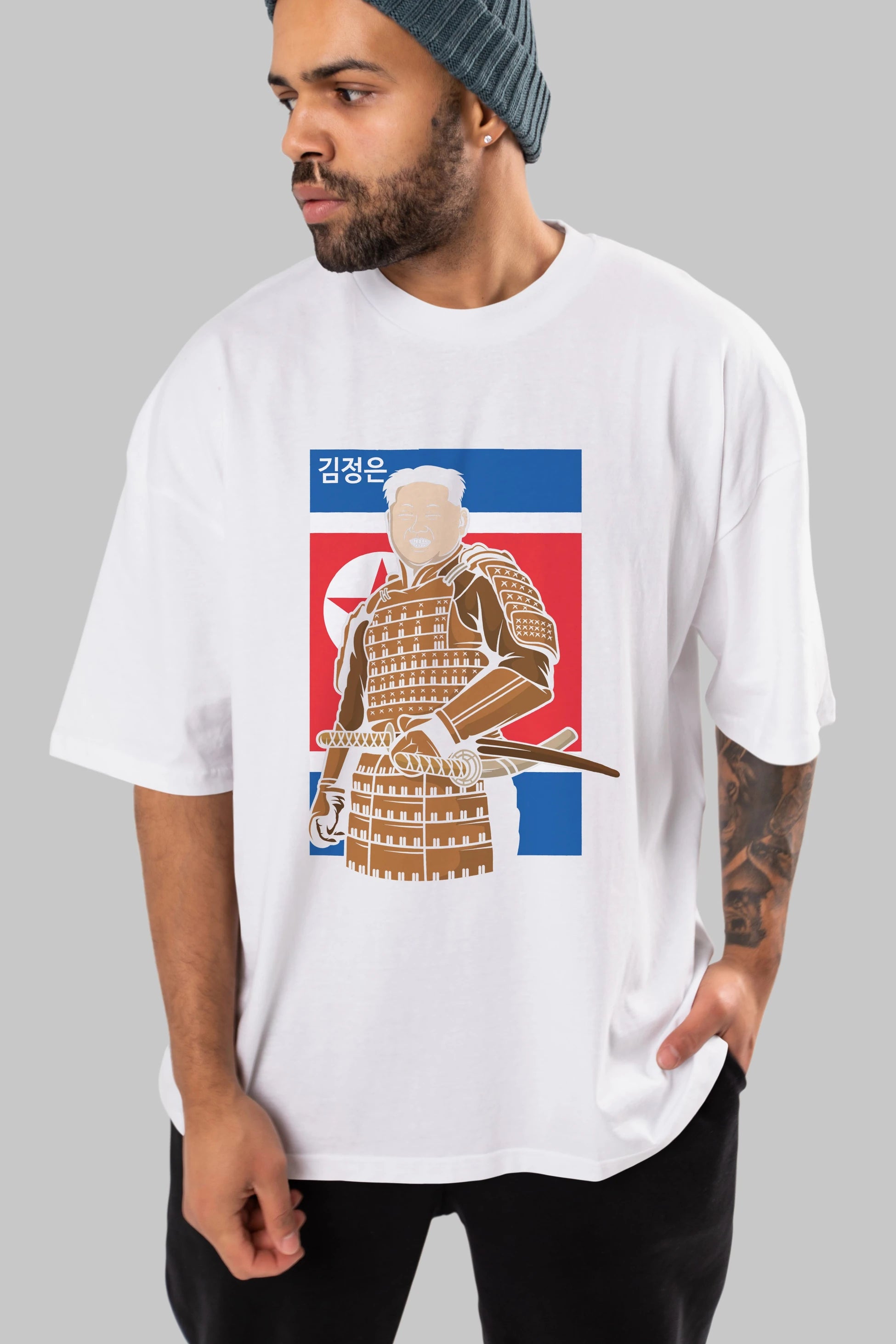 Samurai Jong Un Ön Baskılı Oversize t-shirt Erkek Kadın Unisex %100 Pamuk tişort