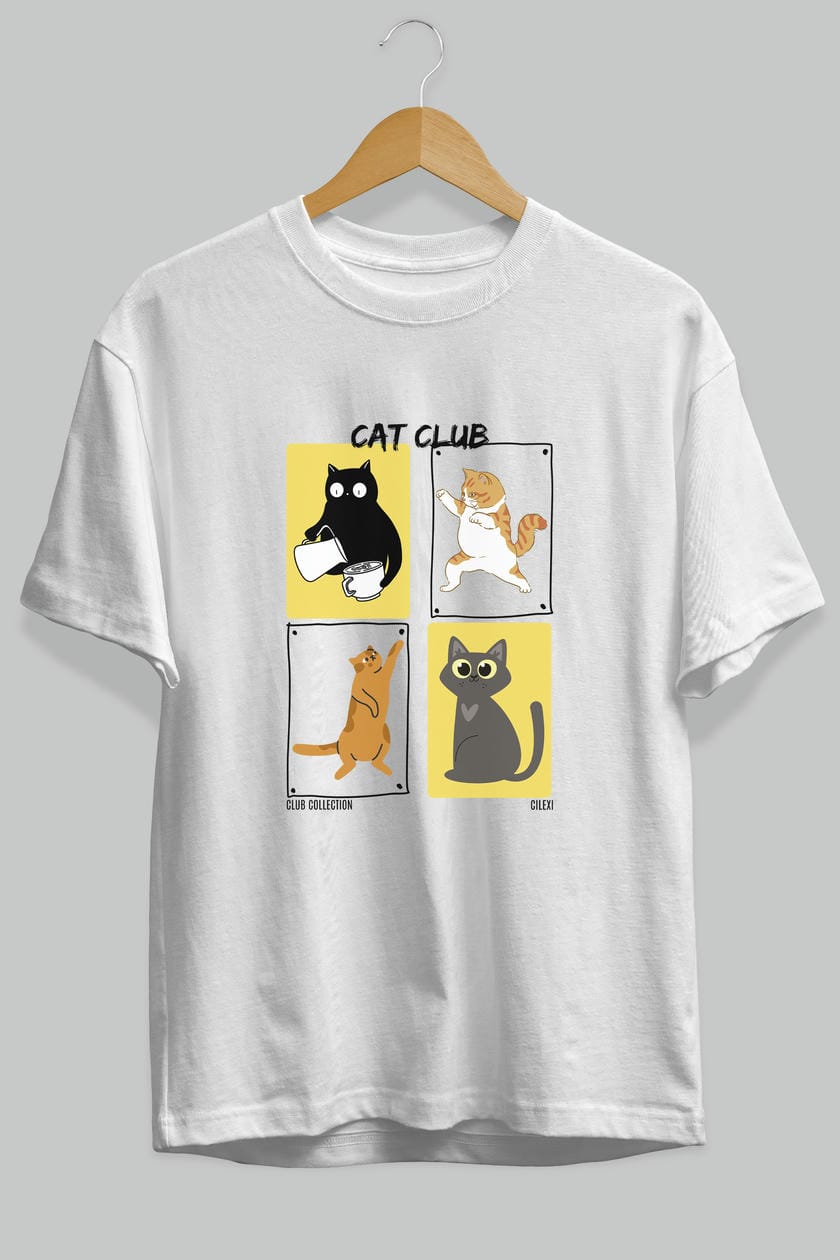 Cat Club ön Baskılı Oversize t-shirt Erkek Kadın %100 Pamuk Bisiklet Yaka tişort