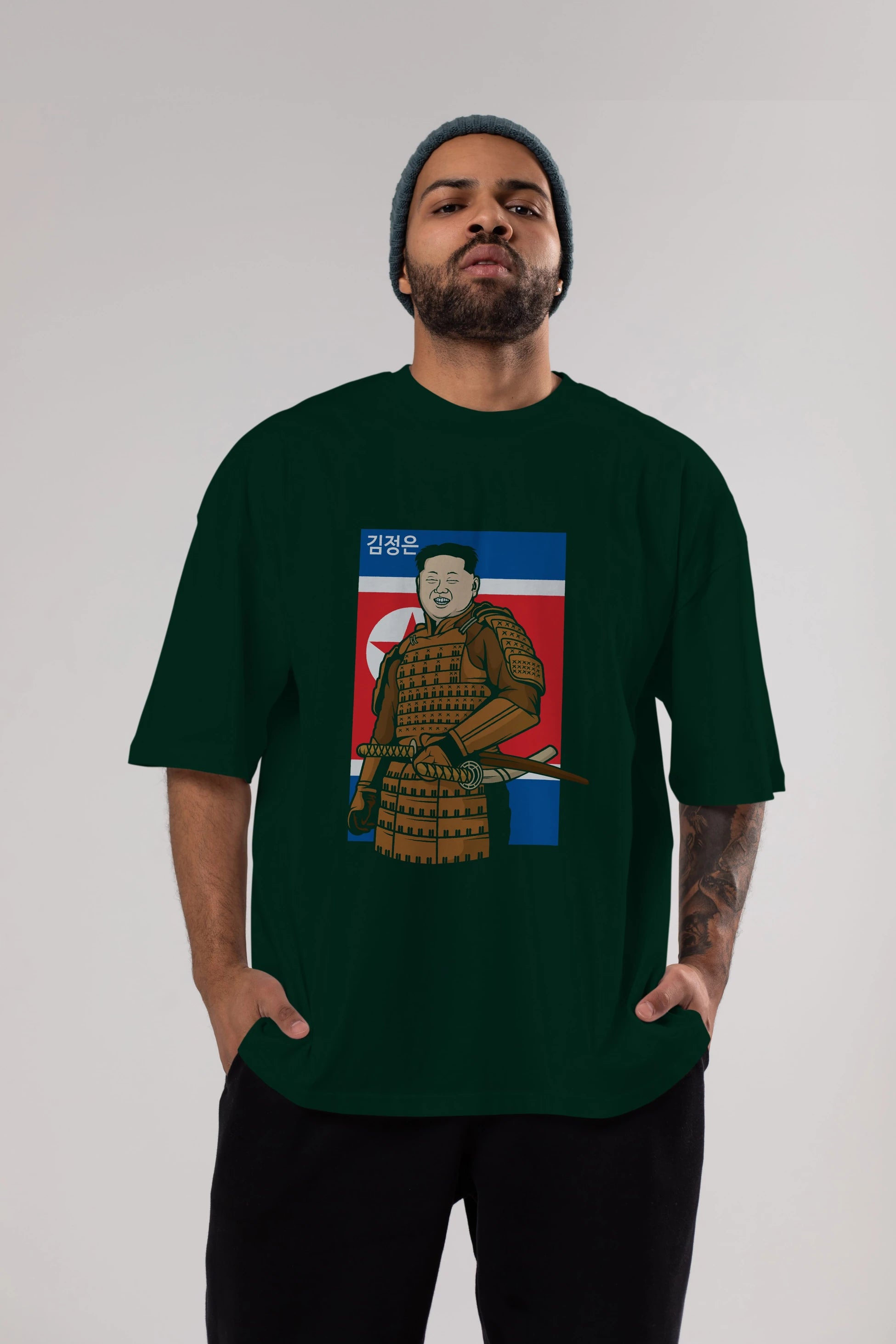Samurai Jong Un Ön Baskılı Oversize t-shirt Erkek Kadın Unisex %100 Pamuk tişort
