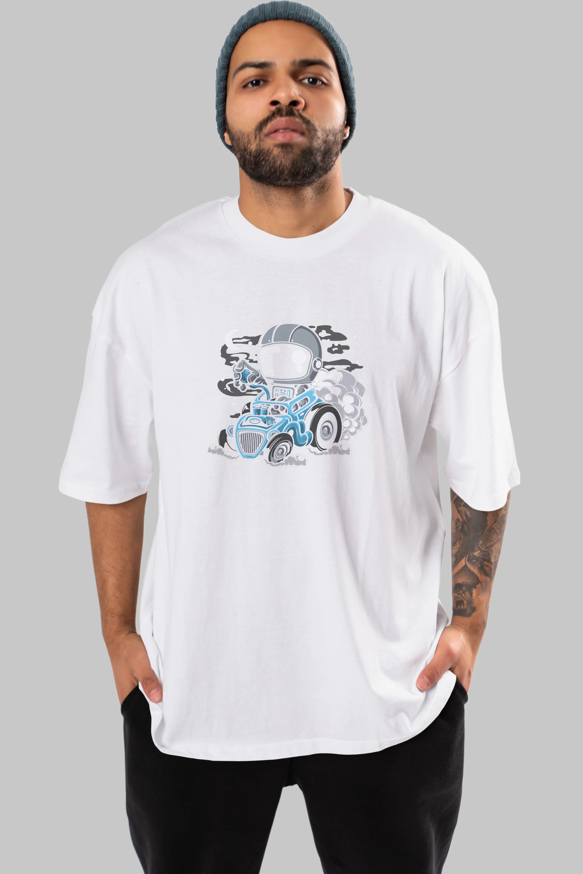 Astronaut Hotrod Ön Baskılı Oversize t-shirt Erkek Kadın Unisex