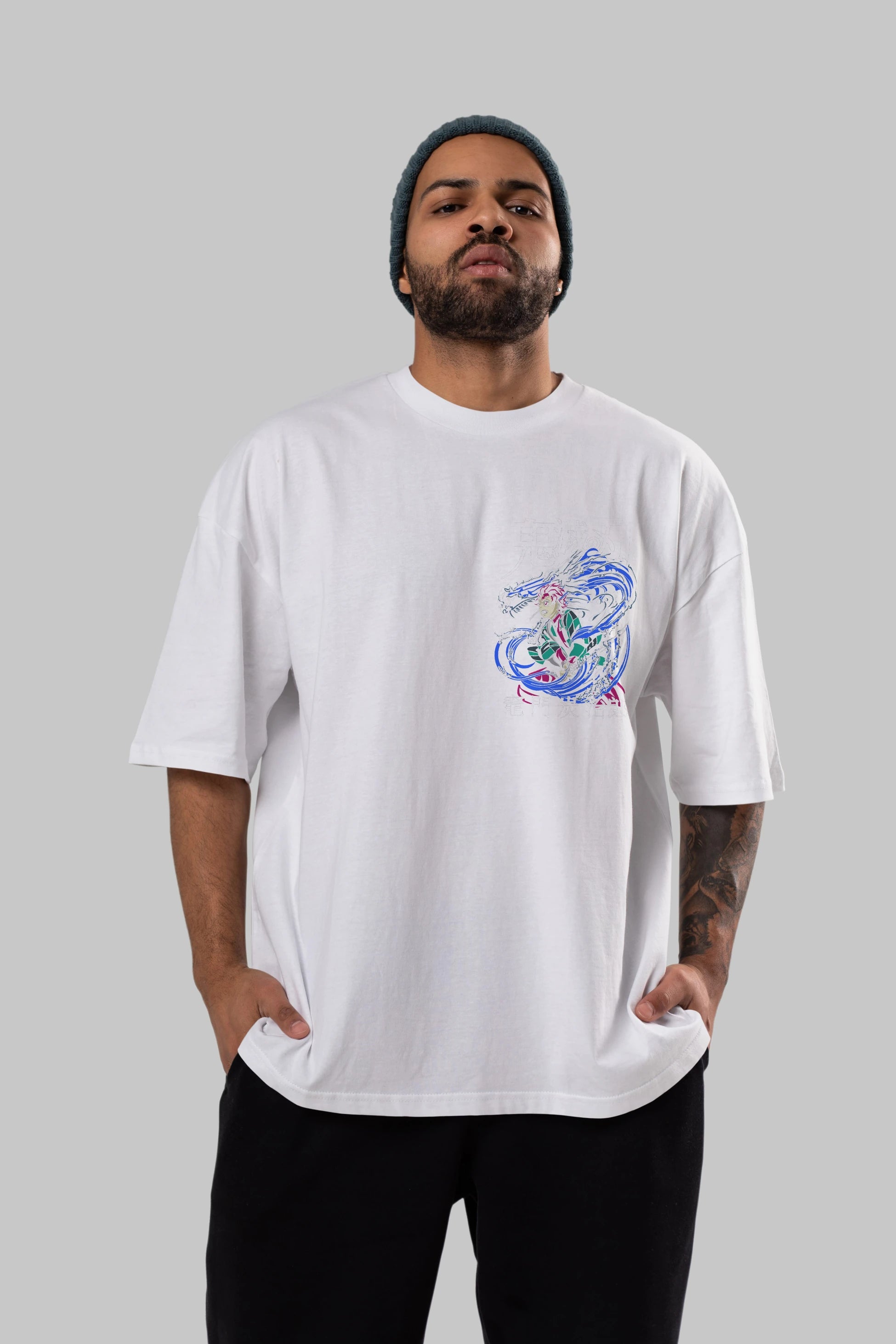 TANJIRO KAMADO 2 Ön Sol Baskılı Oversize t-shirt Erkek Kadın Unisex %100 Pamuk Bisiklet Yaka tişort