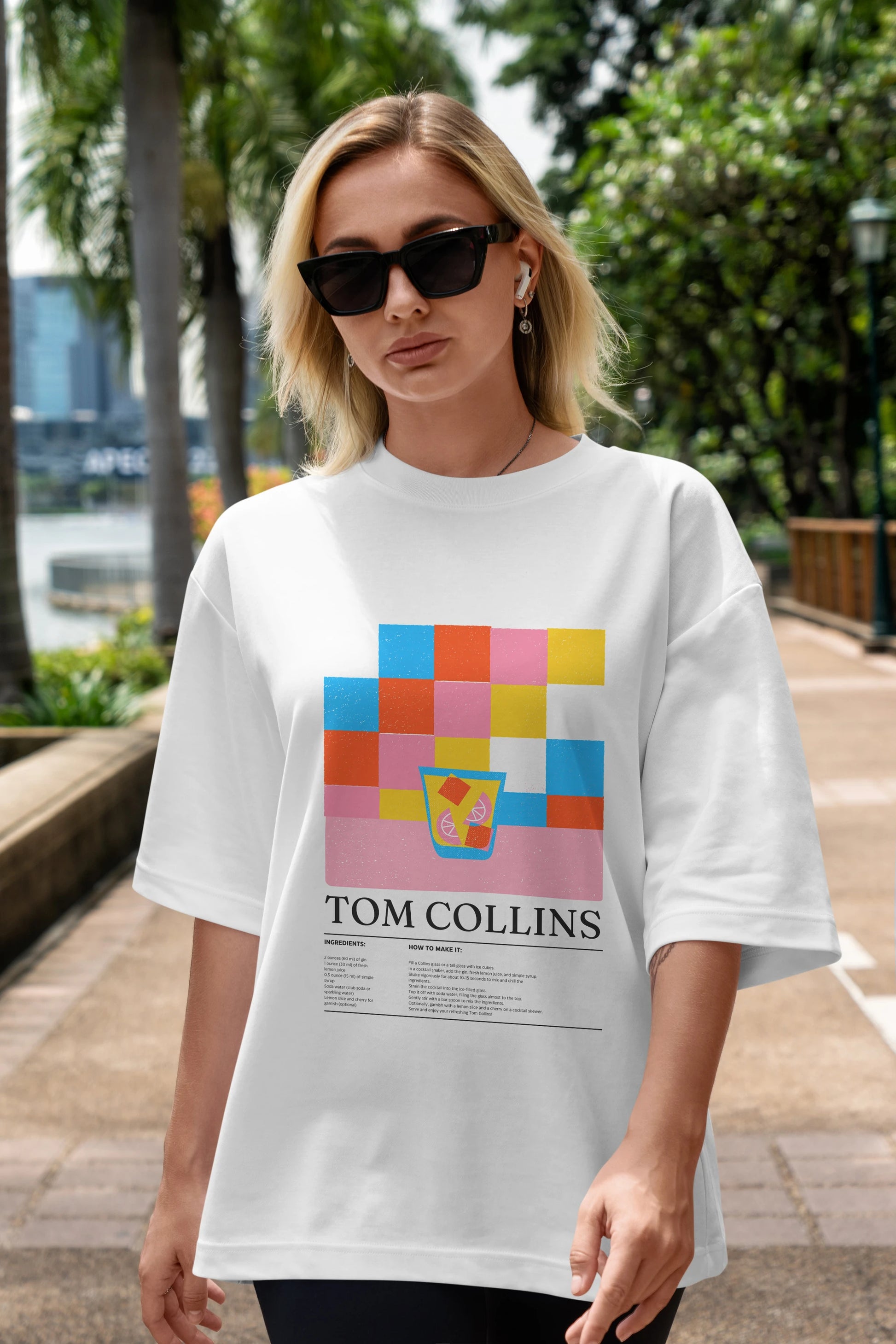 Tom Collins Kokteyl Ön Baskılı Oversize t-shirt Erkek Kadın %100 Pamuk Bisiklet Yaka tişort