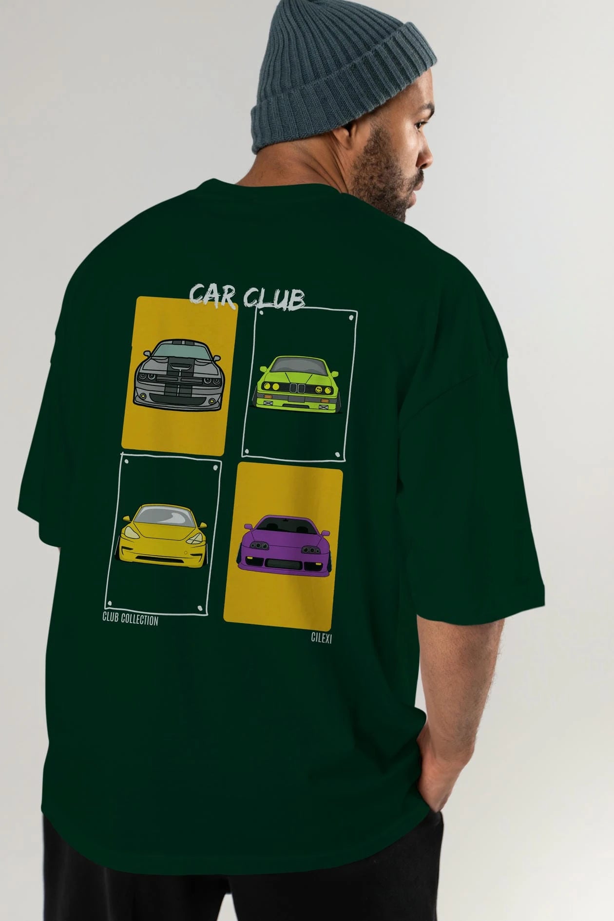 Car Club Arka Baskılı Oversize t-shirt Erkek Kadın %100 Pamuk Bisiklet Yaka tişort