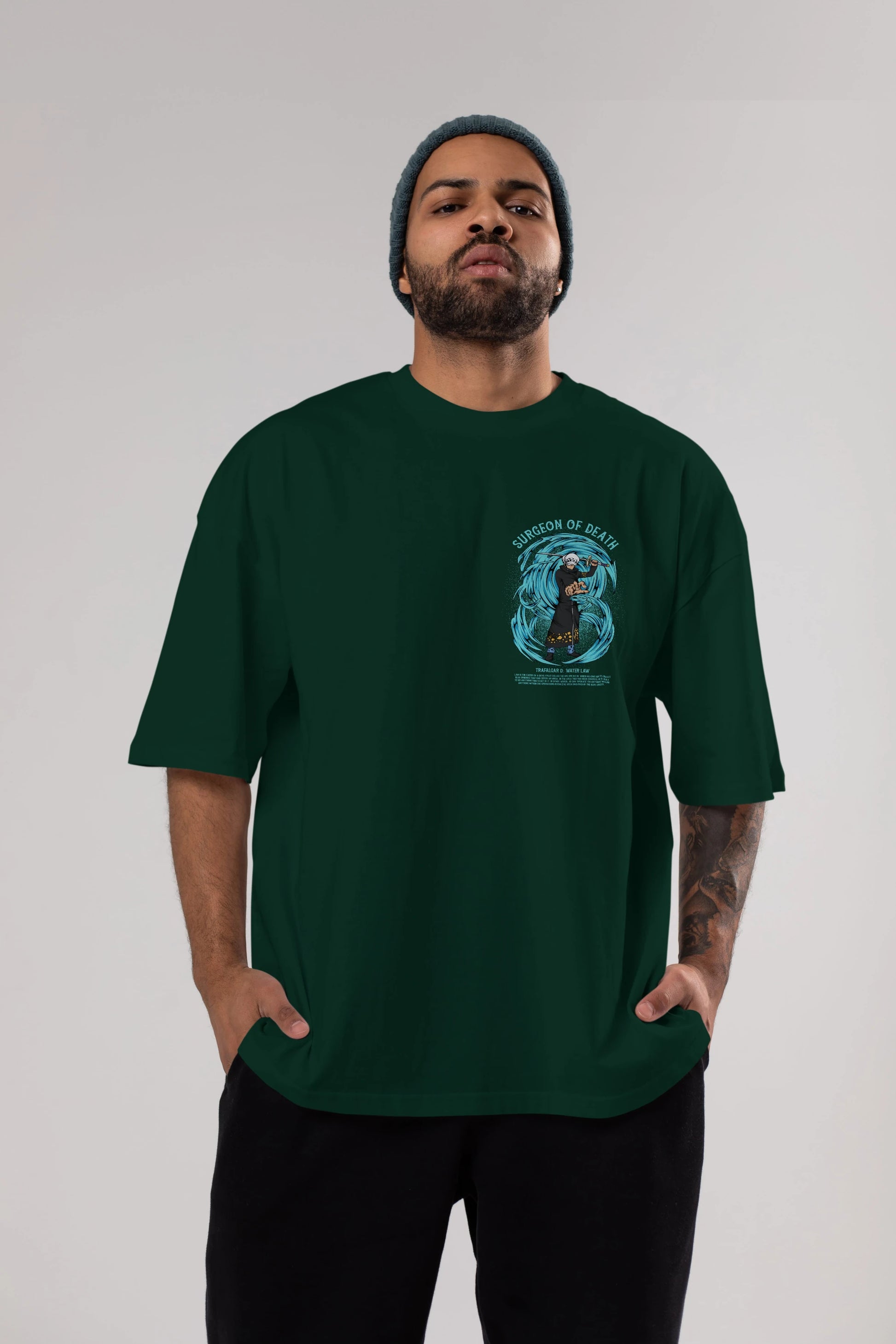Trafalgad D. Water Law Ön Sol Baskılı Oversize t-shirt Erkek Kadın Unisex %100 Pamuk Bisiklet Yaka tişort