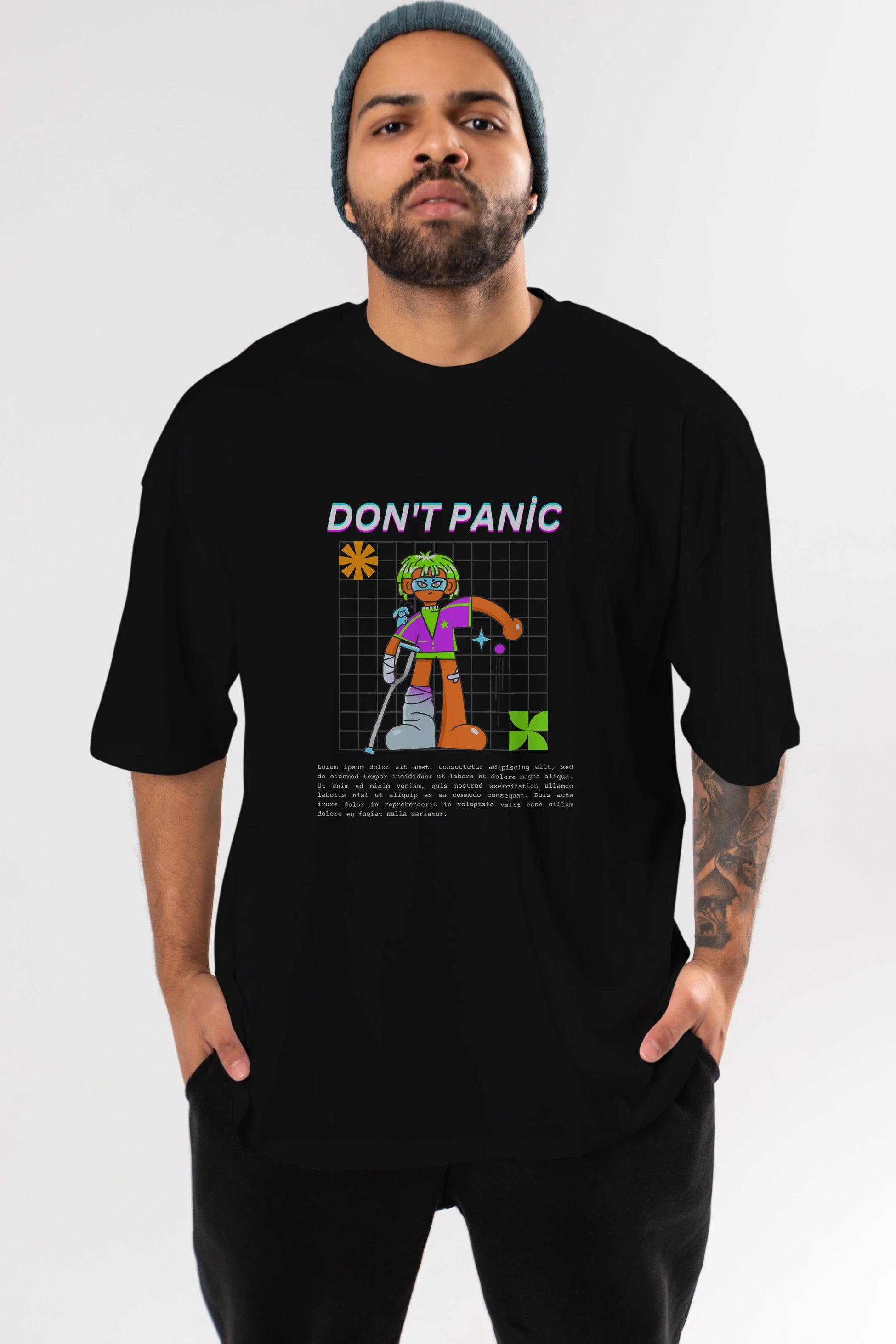 Dont Panic Yazılı Ön Baskılı Oversize t-shirt Erkek Kadın Unisex