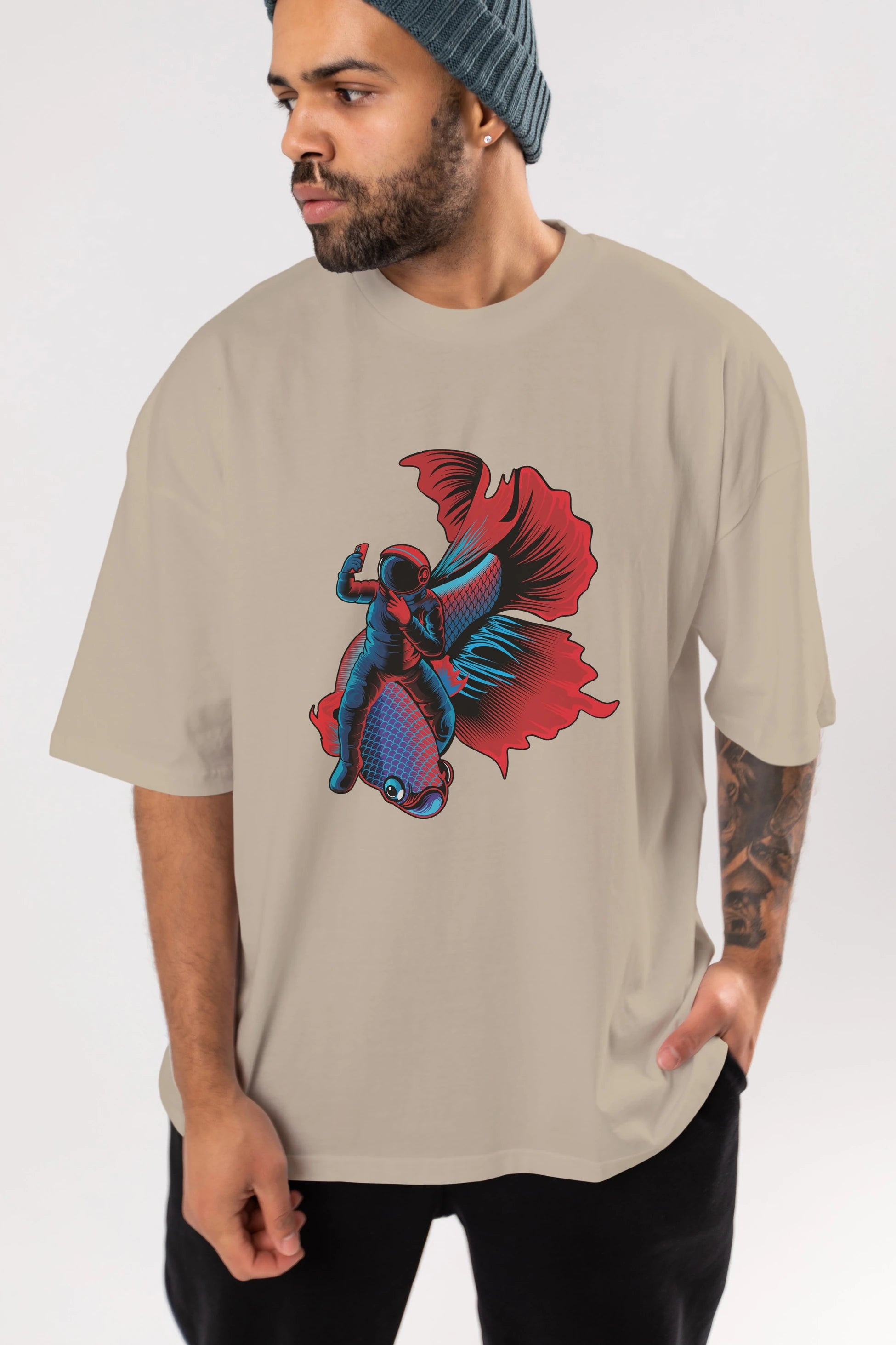 Astrofish selfie Ön Baskılı Oversize t-shirt Erkek Kadın Unisex