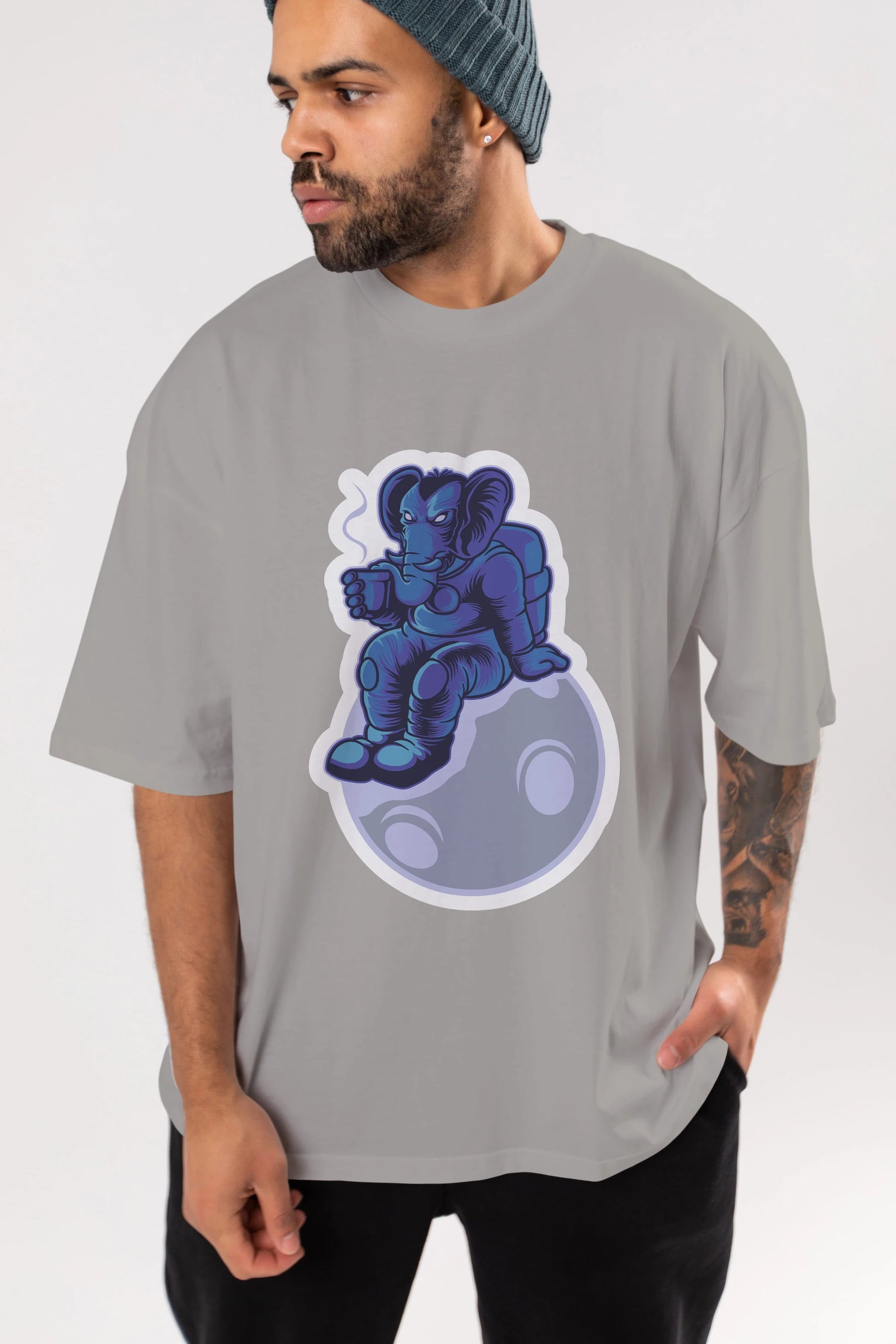 Space Elephant Drink Coffee Sticker Ön Baskılı Oversize t-shirt Erkek Kadın Unisex