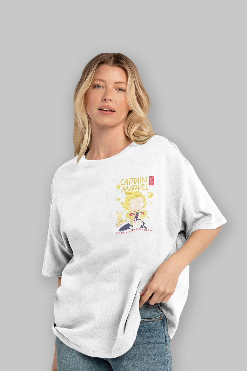 Captain Marvel Ön Sol Baskılı Oversize t-shirt Erkek Kadın Unisex %100 Pamuk Bisiklet Yaka tişort