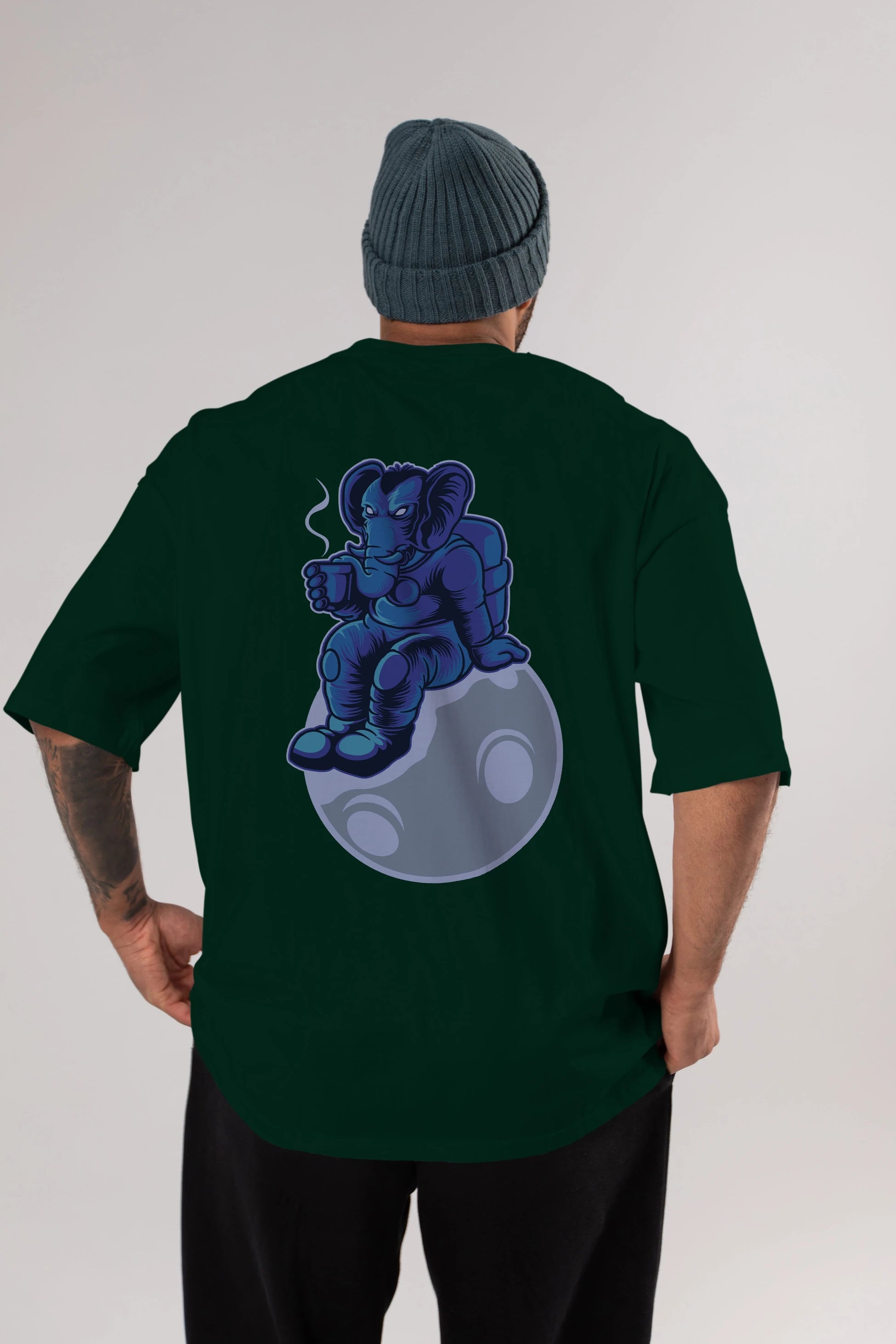 Space Elephant Drink Coffee Arka Baskılı Oversize t-shirt Erkek Kadın Unisex