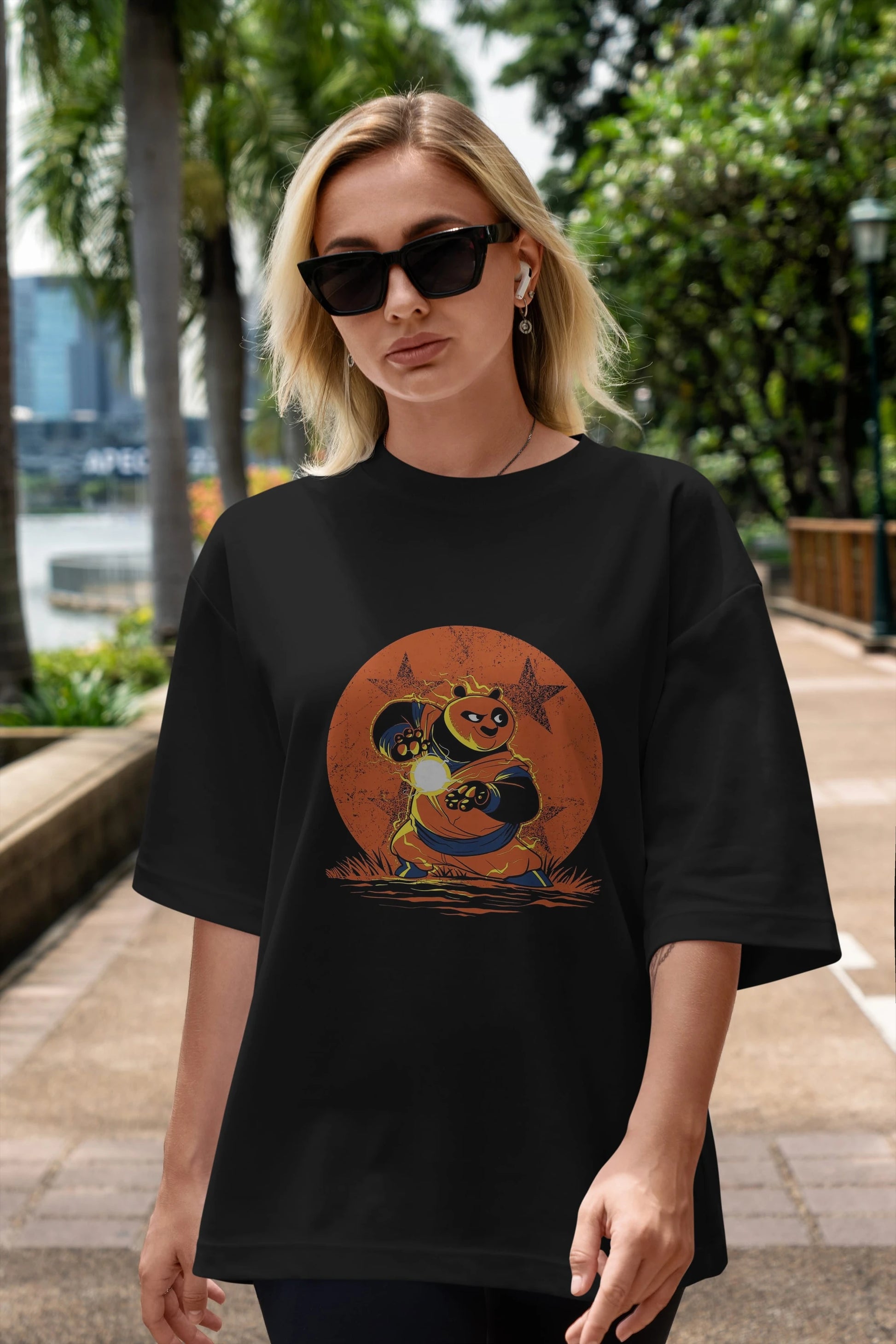 Kung Fu Panda Ön Baskılı Oversize t-shirt Erkek Kadın Unisex %100 Pamuk Bisiklet Yaka tişort