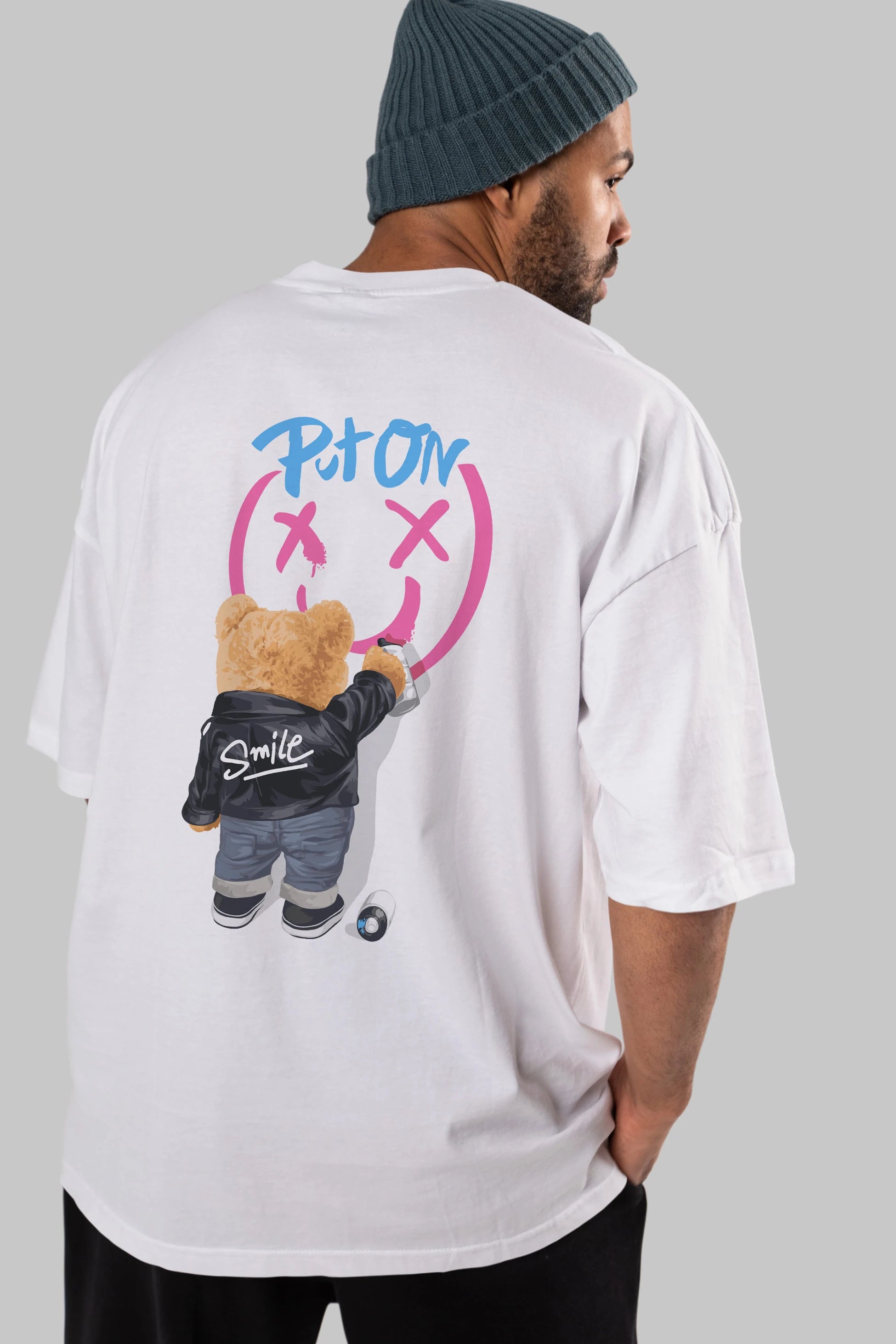 Put on Smile Bear Arka Baskılı Oversize t-shirt Erkek Kadın Unisex
