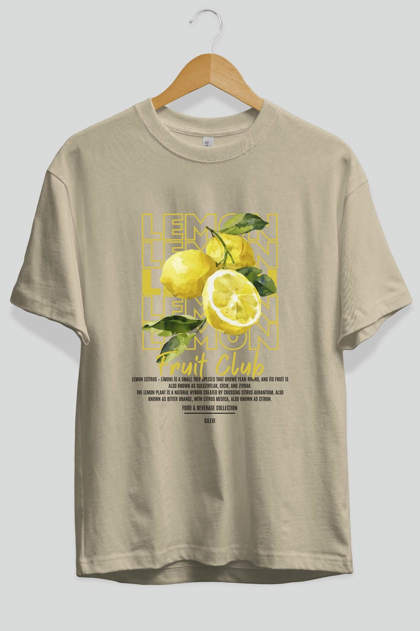 Lemon Ön Baskılı Oversize t-shirt Erkek Kadın Pamuk Bisiklet Yaka tişort