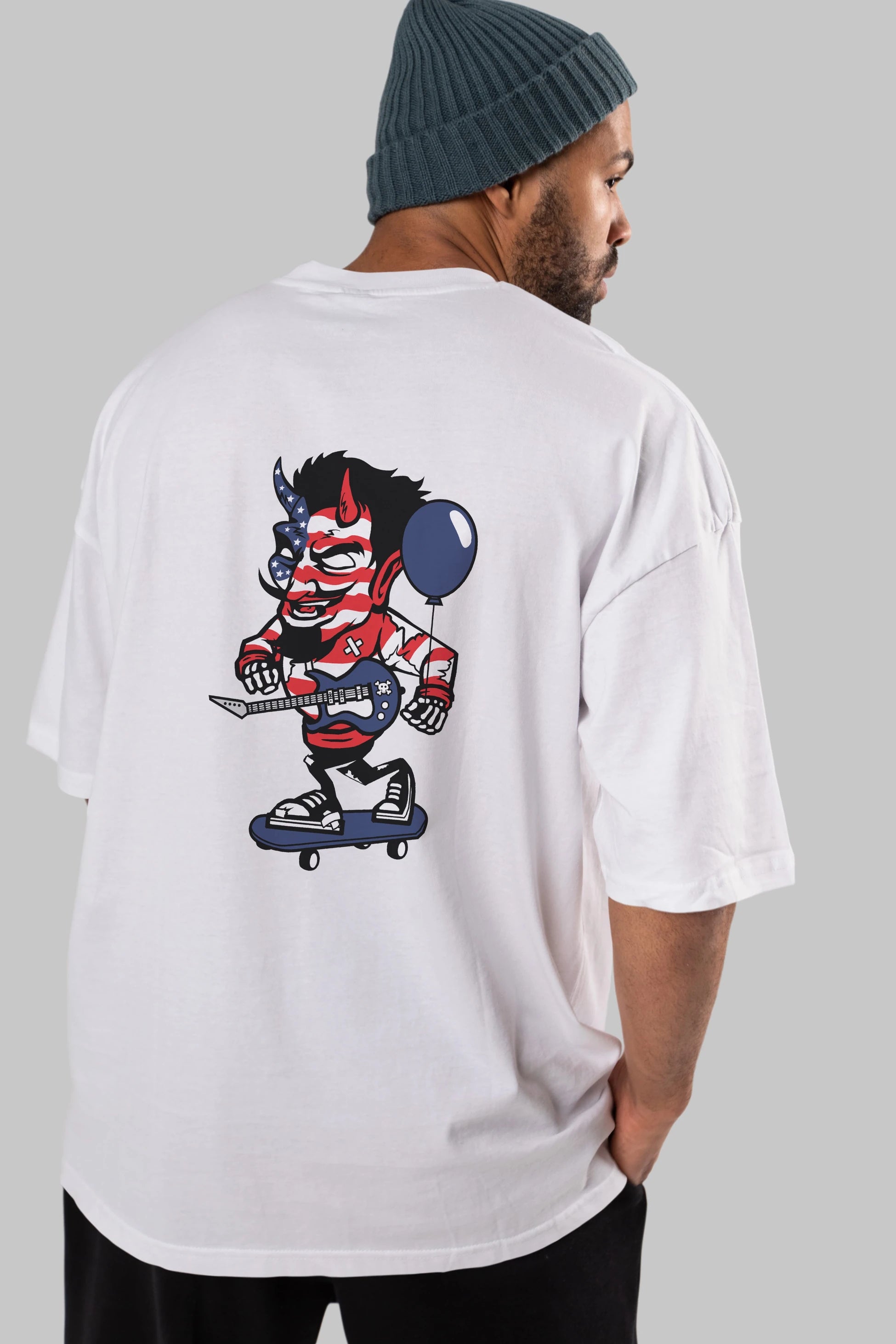 American Devil Skater Arka Baskılı Oversize t-shirt Erkek Kadın Unisex %100 Pamuk tişort