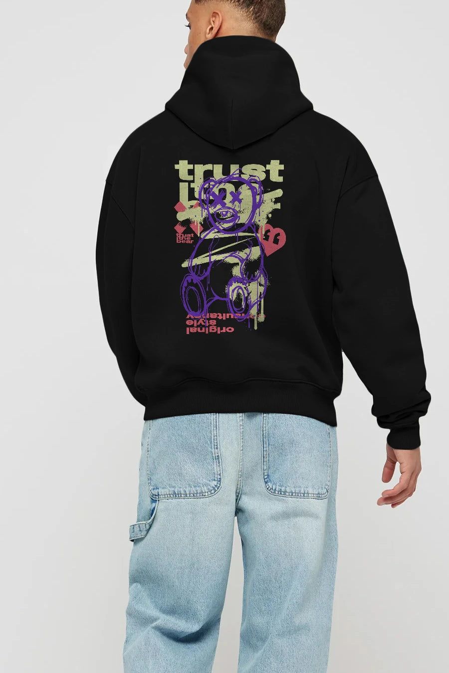 Trust The Bear 3 Arka Baskılı Hoodie Oversize Kapüşonlu Sweatshirt Erkek Kadın Unisex