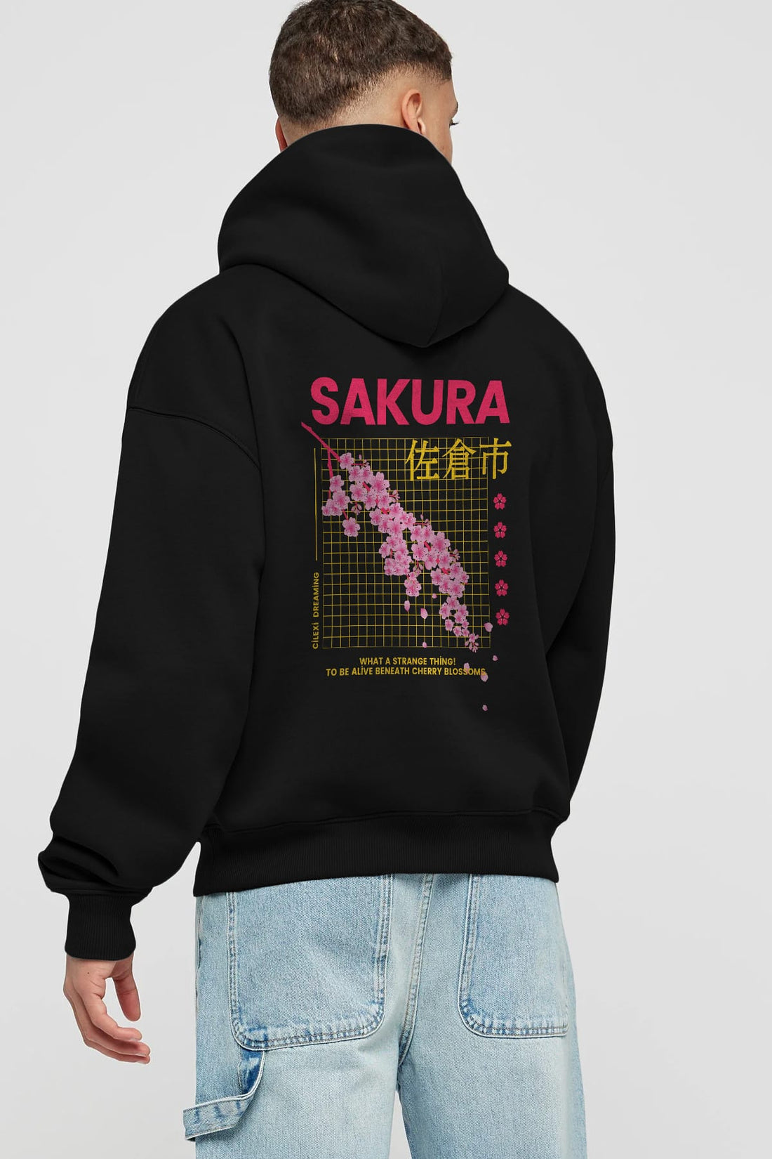 Sakura Streetwear Arka Baskılı Oversize Hoodie Kapüşonlu Sweatshirt Erkek Kadın Unisex