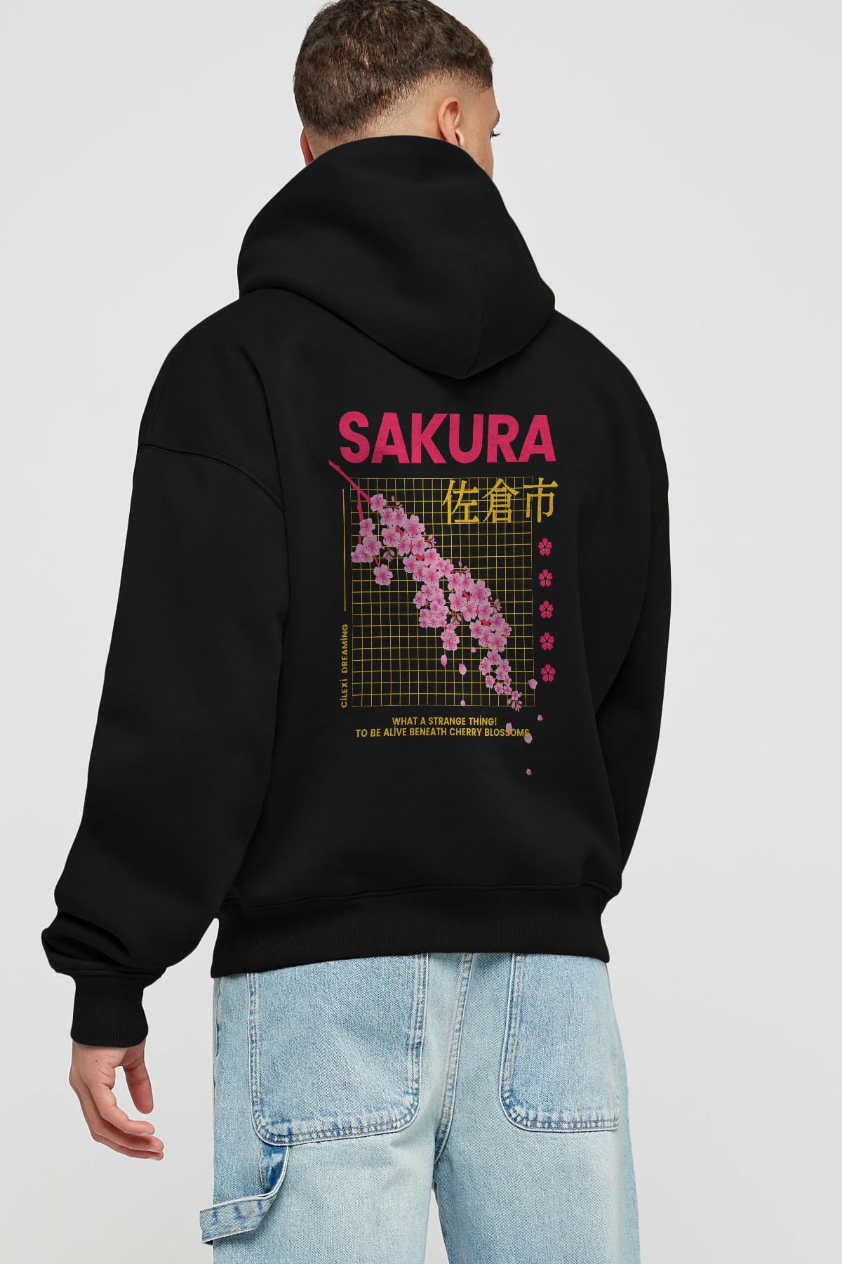 Sakura Streetwear Arka Baskılı Oversize Hoodie Kapüşonlu Sweatshirt Erkek Kadın Unisex