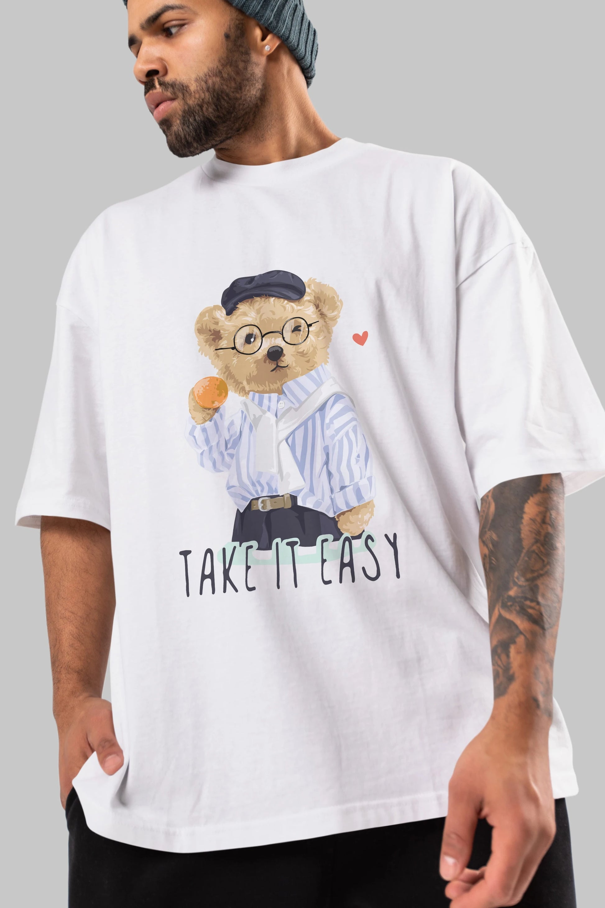 Teddy Bear Take it Easy Ön Baskılı Oversize t-shirt Erkek Kadın Unisex %100 Pamuk