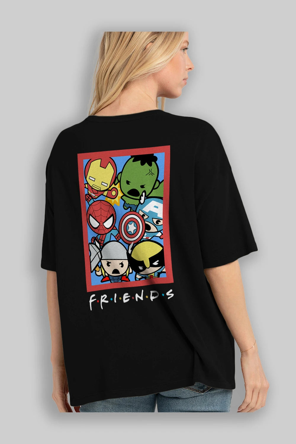 Friends Avenger Arka Baskılı Oversize t-shirt Erkek Kadın Unisex %100 Pamuk Bisiklet Yaka tişort