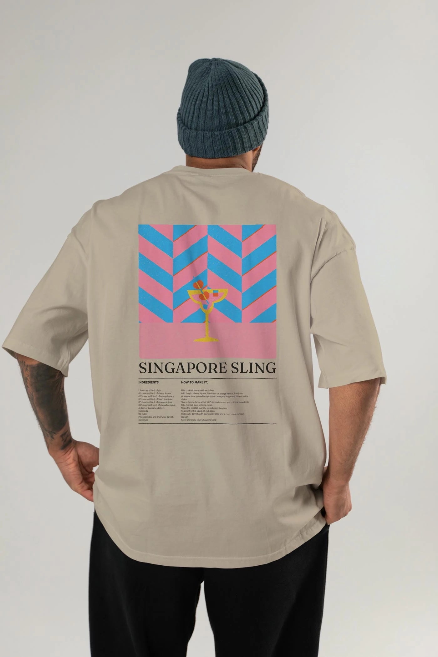 Singapore Sling Kokteyl Serisi Arka Baskılı Oversize t-shirt Erkek Kadın %100 Pamuk Bisiklet Yaka tişort