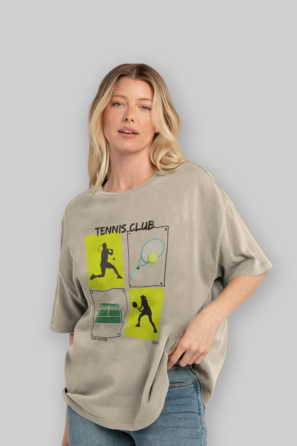 Tennis Club ön Baskılı Oversize t-shirt Erkek Kadın %100 Pamuk Bisiklet Yaka tişort