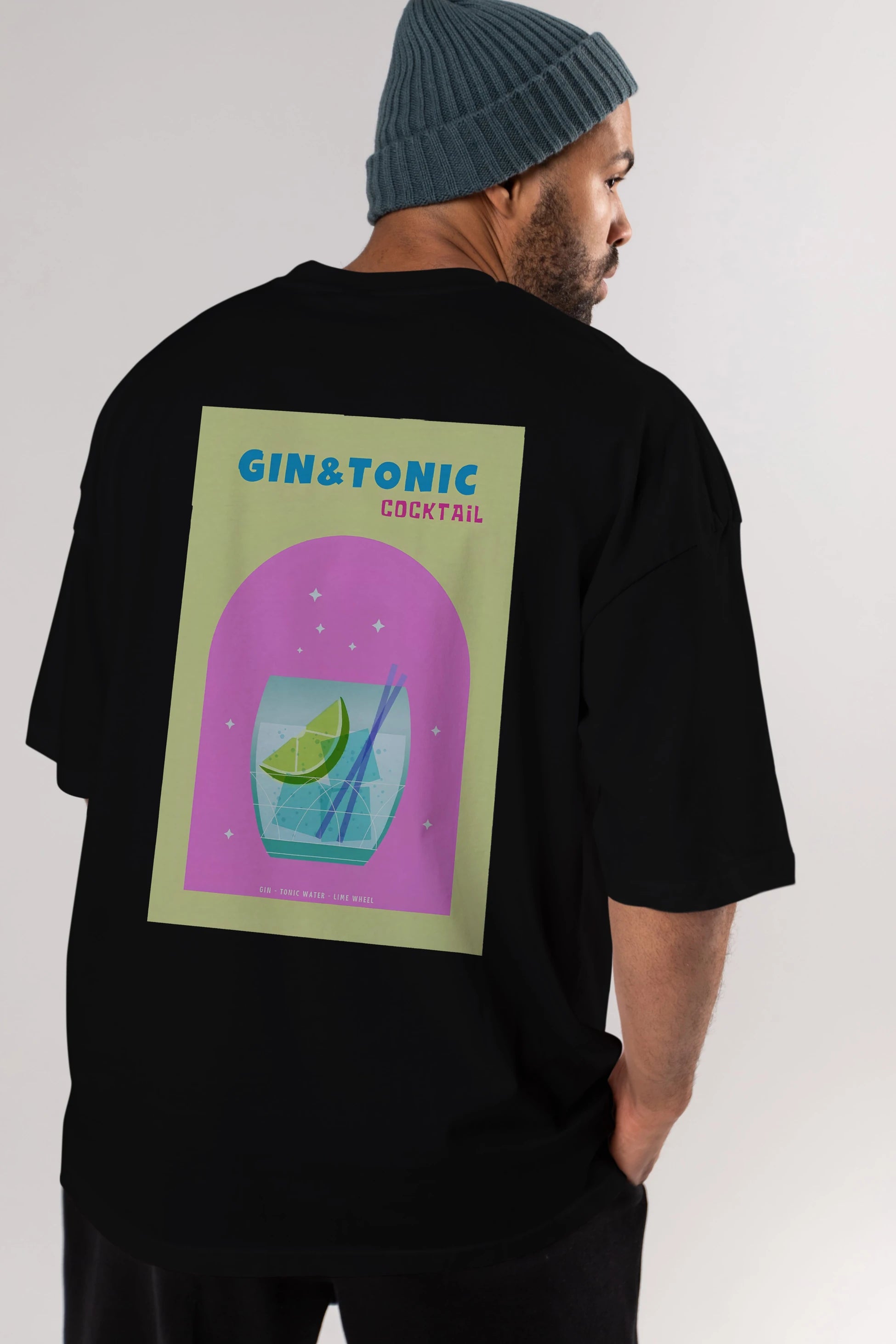 Gin Tonic Cocktail Arka Baskılı Oversize t-shirt Erkek Kadın Unisex %100 Pamuk Bisiklet Yaka tişort