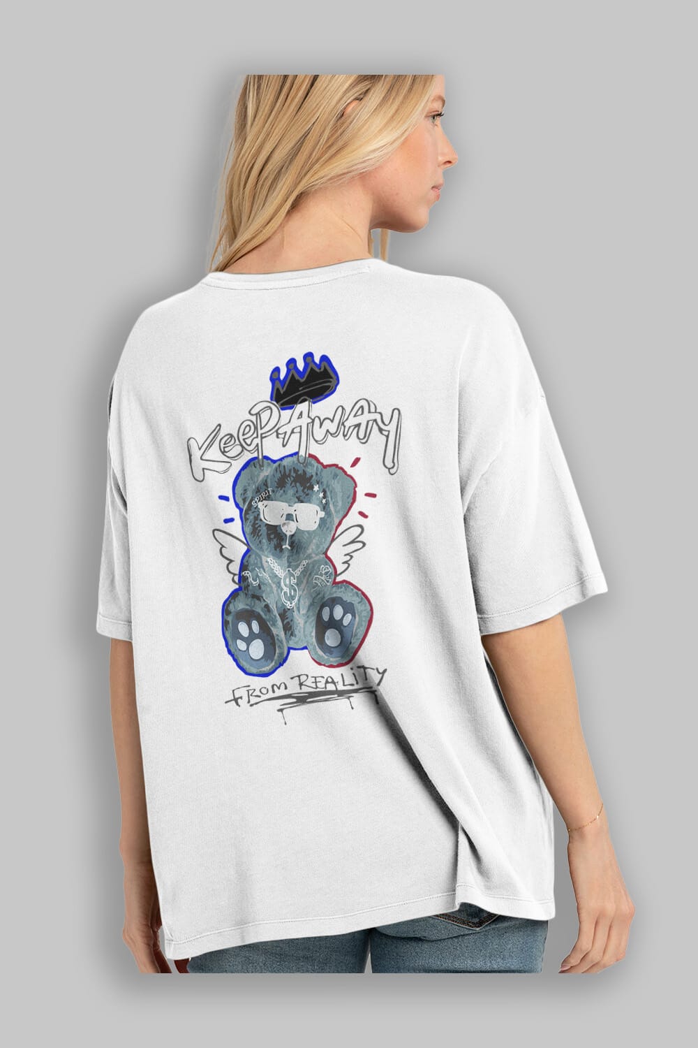 Keep Away Bear Arka Baskılı Oversize t-shirt Erkek Kadın Unisex