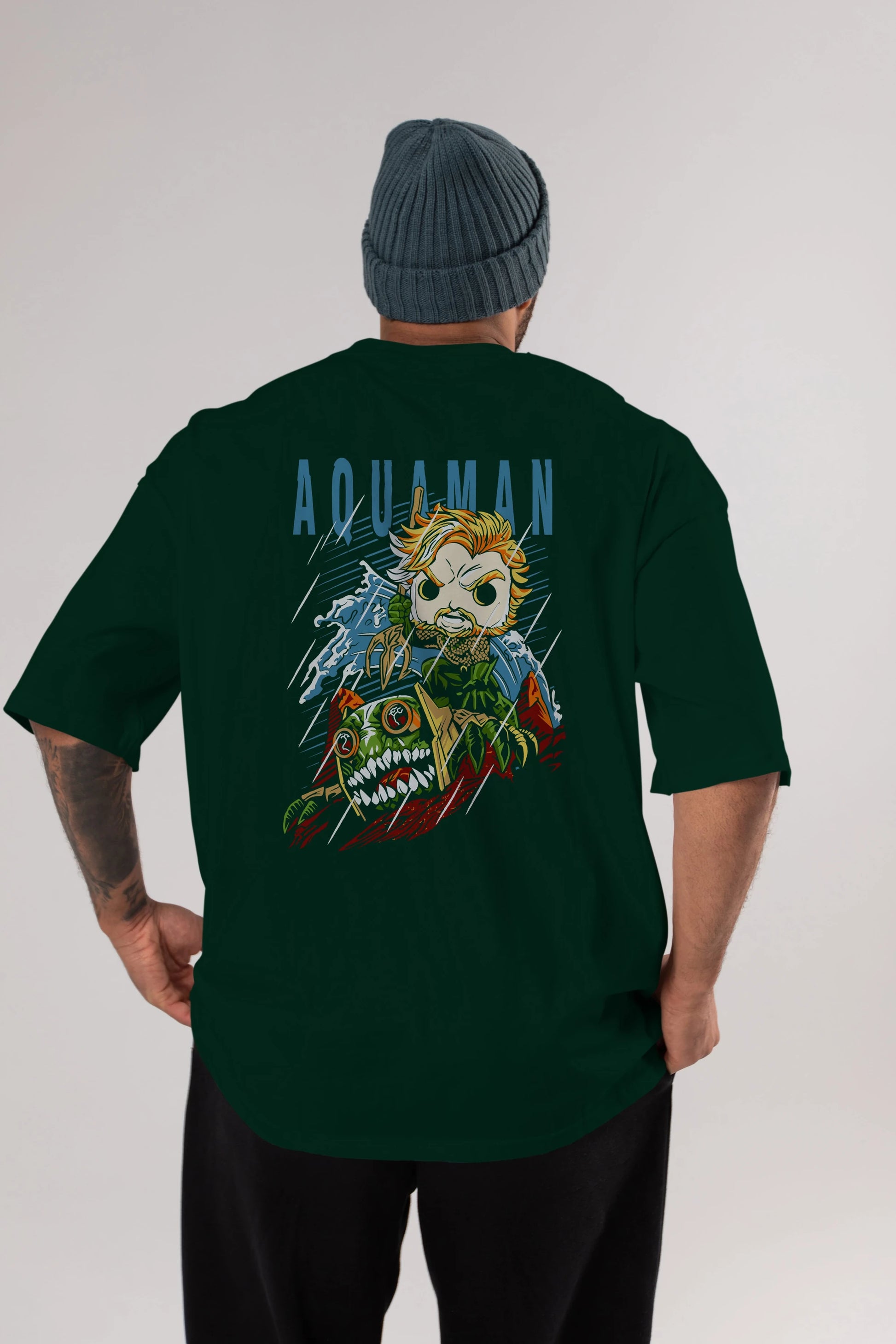 Aquaman Arka Baskılı Oversize t-shirt Erkek Kadın Unisex %100 Pamuk Bisiklet Yaka tişort