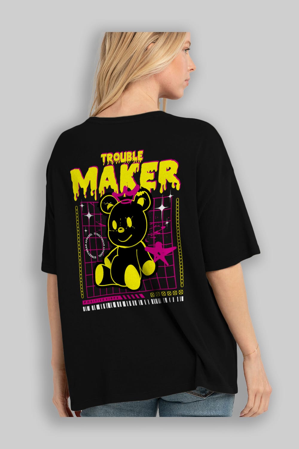 Teddy Bear Trouble Maker Arka Baskılı Oversize t-shirt Erkek Kadın Unisex