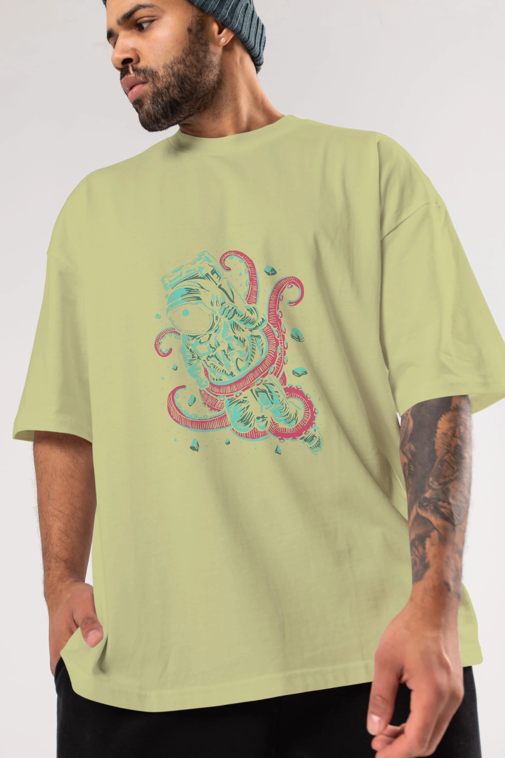 Astronaut Octopus Ön Baskılı Oversize t-shirt Erkek Kadın Unisex %100 Pamuk tişort