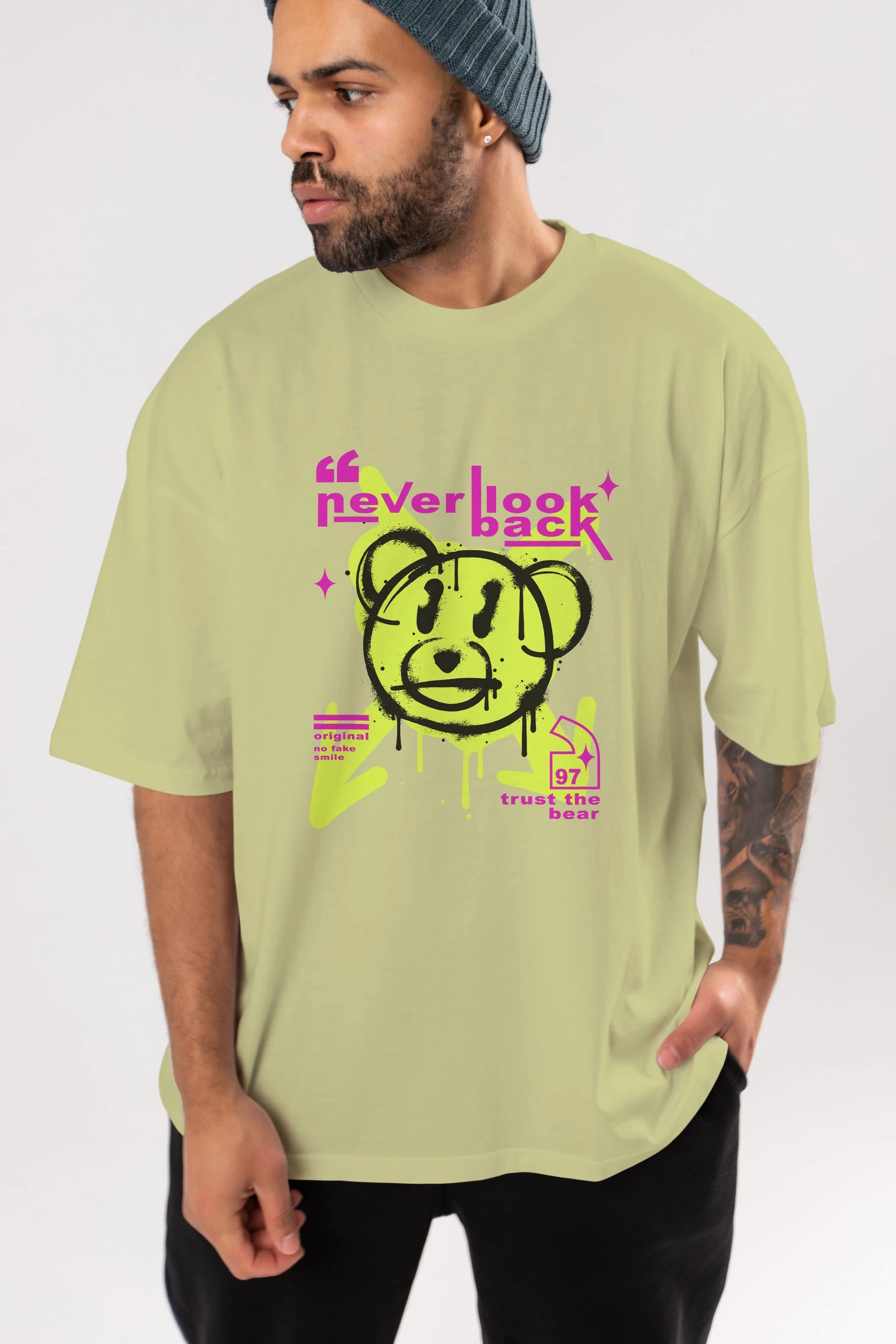 Never Look Back Bear Ön Baskılı Oversize t-shirt Erkek Kadın Unisex