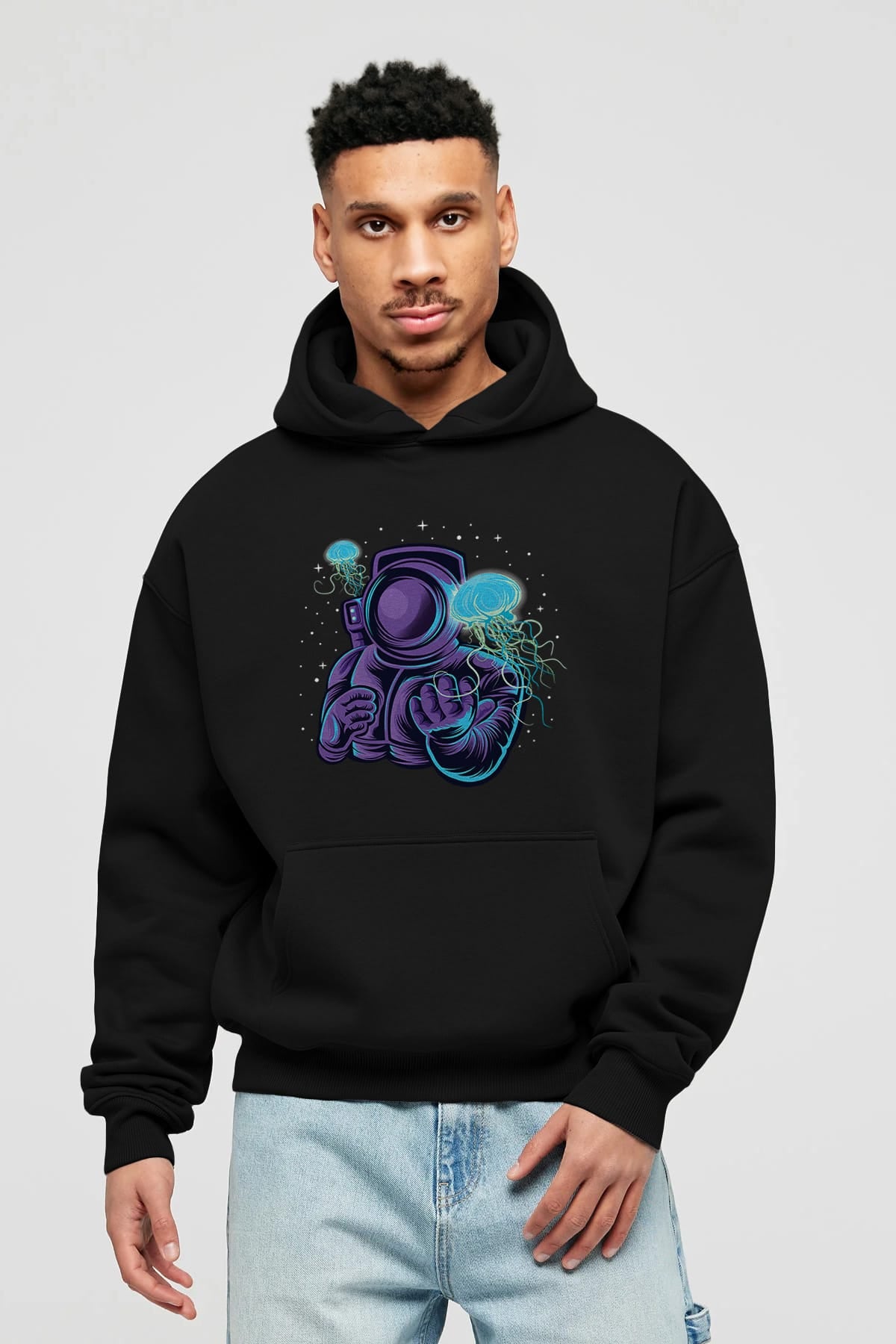 Astronaut and Jellyfish Ön Baskılı Hoodie Oversize Kapüşonlu Sweatshirt Erkek Kadın Unisex