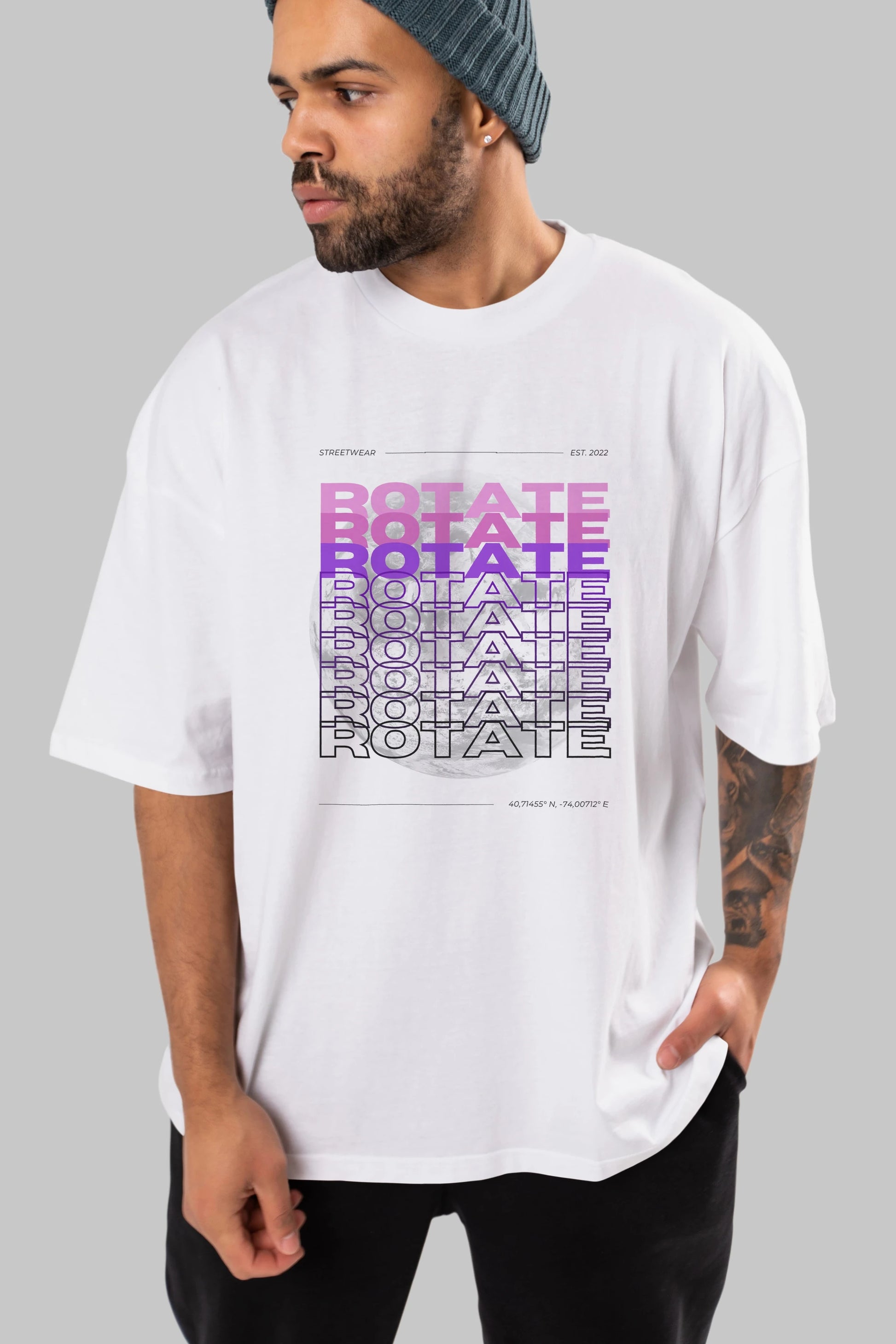 Rotate Yazılı Ön Baskılı Oversize t-shirt Erkek Kadın Unisex