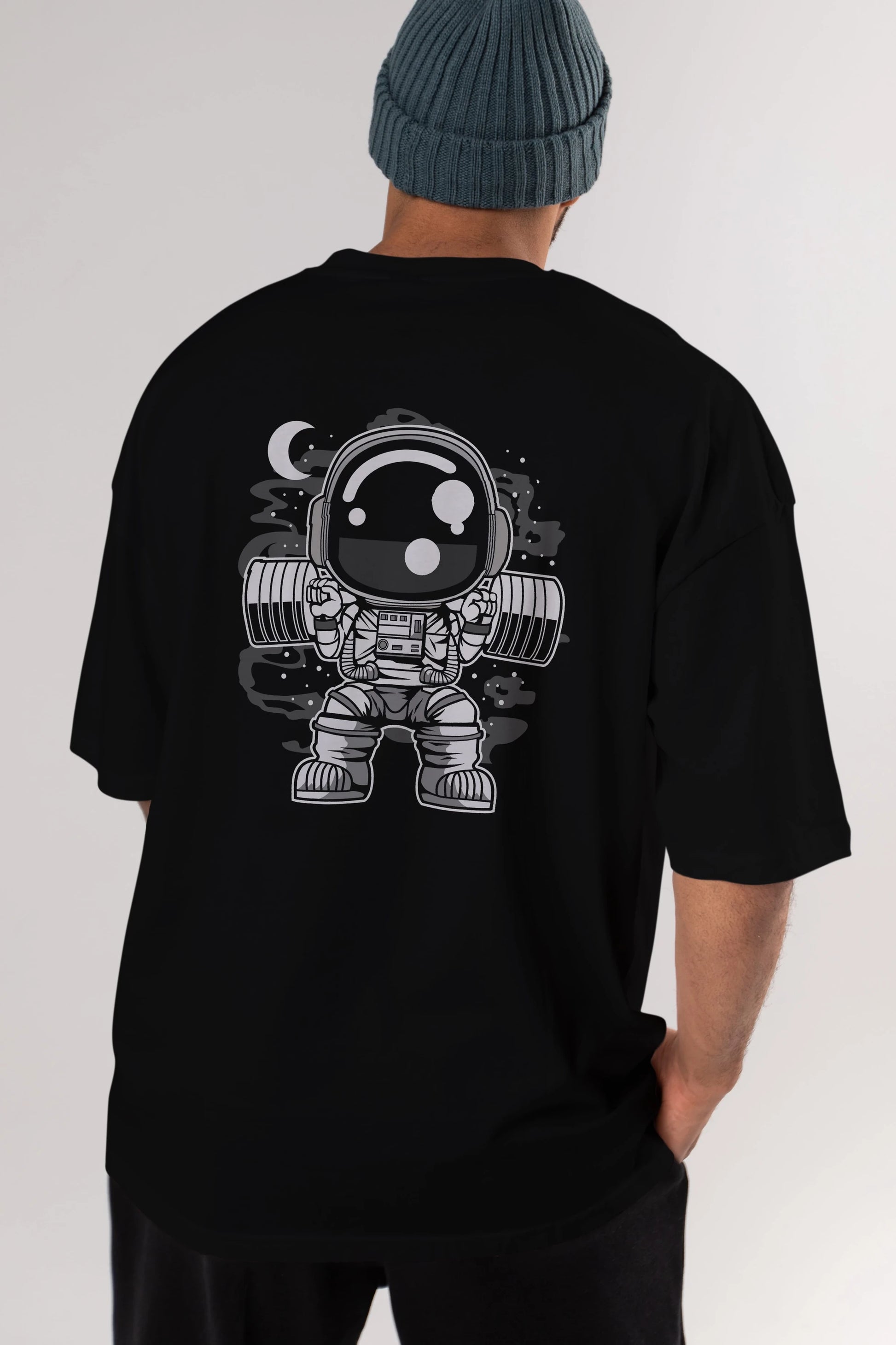 Astronaut Barbell Body Builder Arka Baskılı Oversize t-shirt Erkek Kadın Unisex