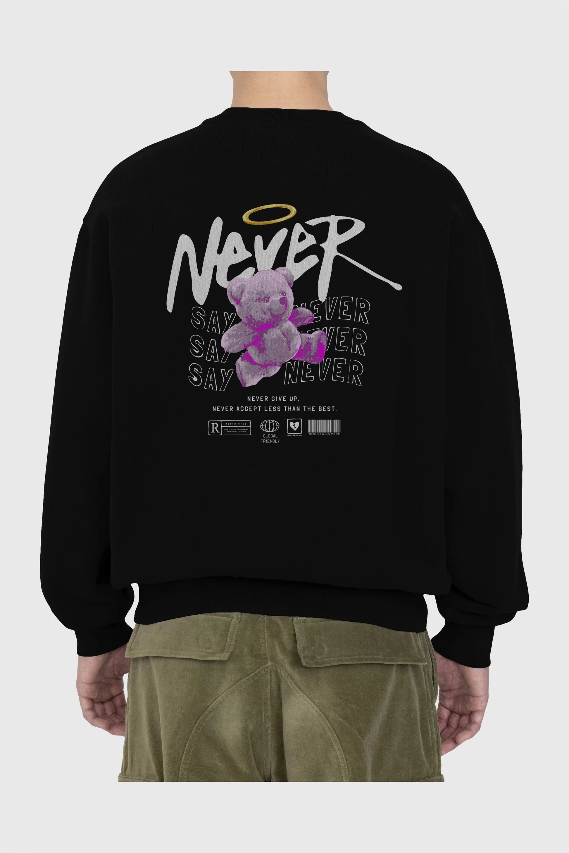 Teddy Bear Never Arka Baskılı Oversize Sweatshirt Erkek Kadın Unisex